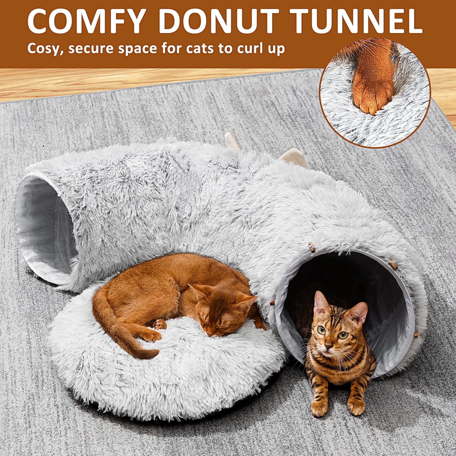 Cat Tunnel with Cat Bed for Indoor Cats, Under Christmas Tree Soft Plush Peekaboo Cat Cave Donut Tunnel, Multifunctional Playgro