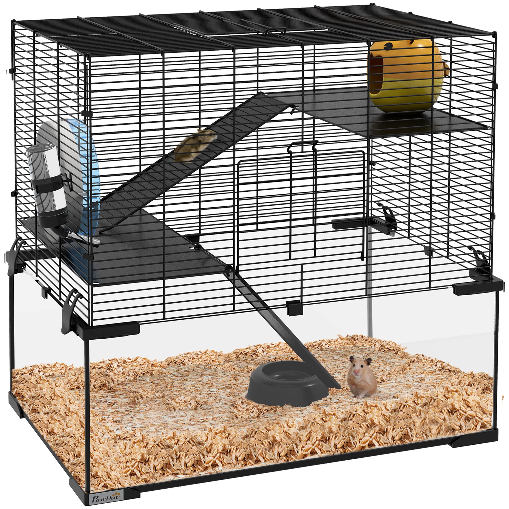 Pawhut Large Hamster Cage With Deep Tempered Glass Bottom, 3 Tiers Hamster Tank With Running Wheel, Hut, Water Bottle, Dish, Rat
