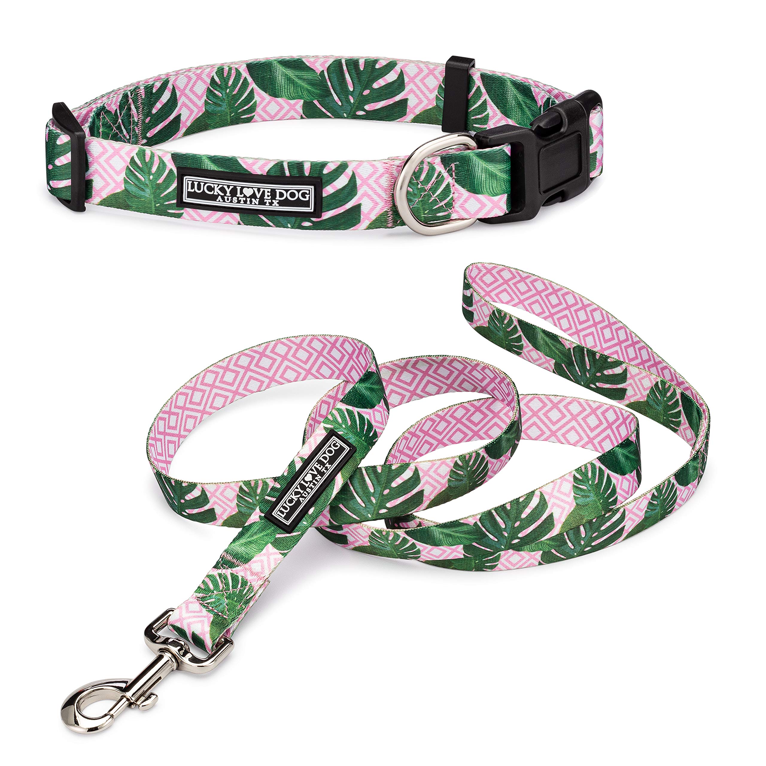 Lucky Love Dog, Tropical Matching Dog Collar & Leash Set, Soft & Comfy, Vivid Pink Color Collar And Leash For Female Male Dogs -