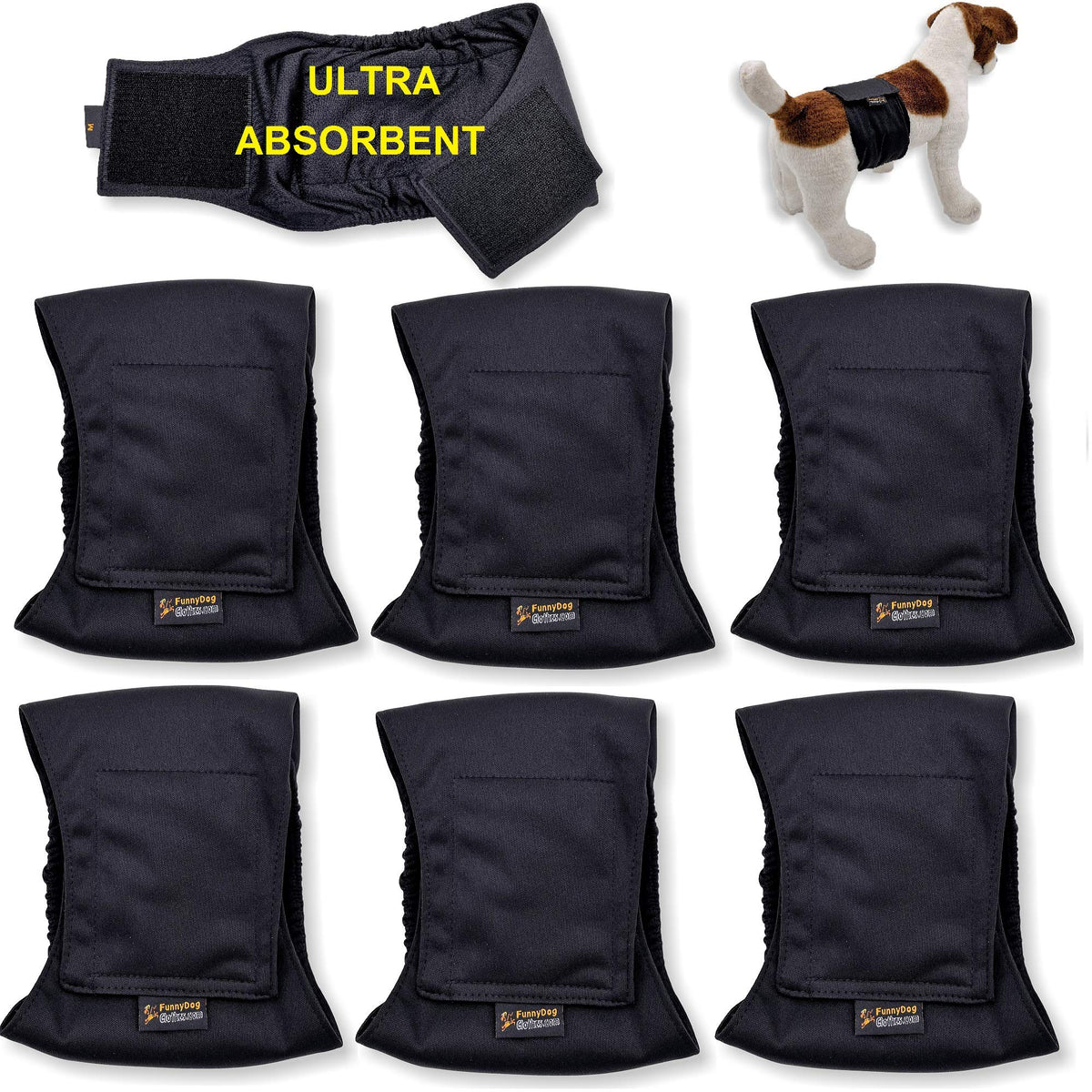 Pack Of 3 Or 6 Male Dog Diapers 4 - Layers Of Absorbent Pads Waterproof Leak Proof Belly Band Wrap Washable (Xs: Waist 7' - 10', Pack Of 6 Black)