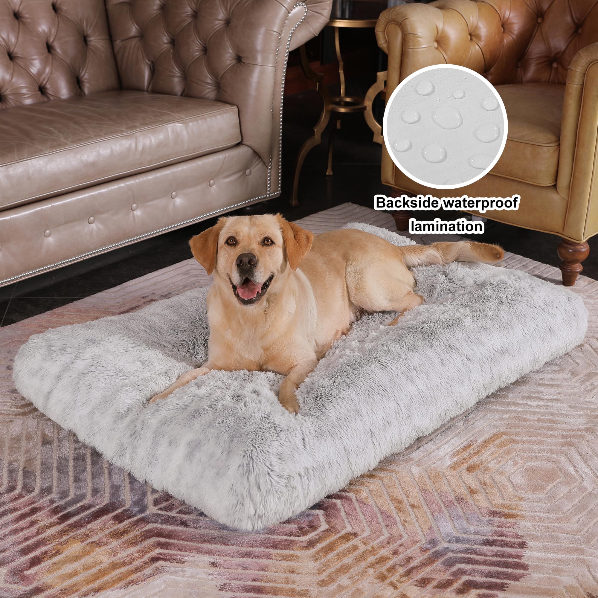 Bedfolks Plush Dog Crate Bed, Waterproof & Washable Faux Fur Pad For Extra Large Dogs, Grey, 41''X27''