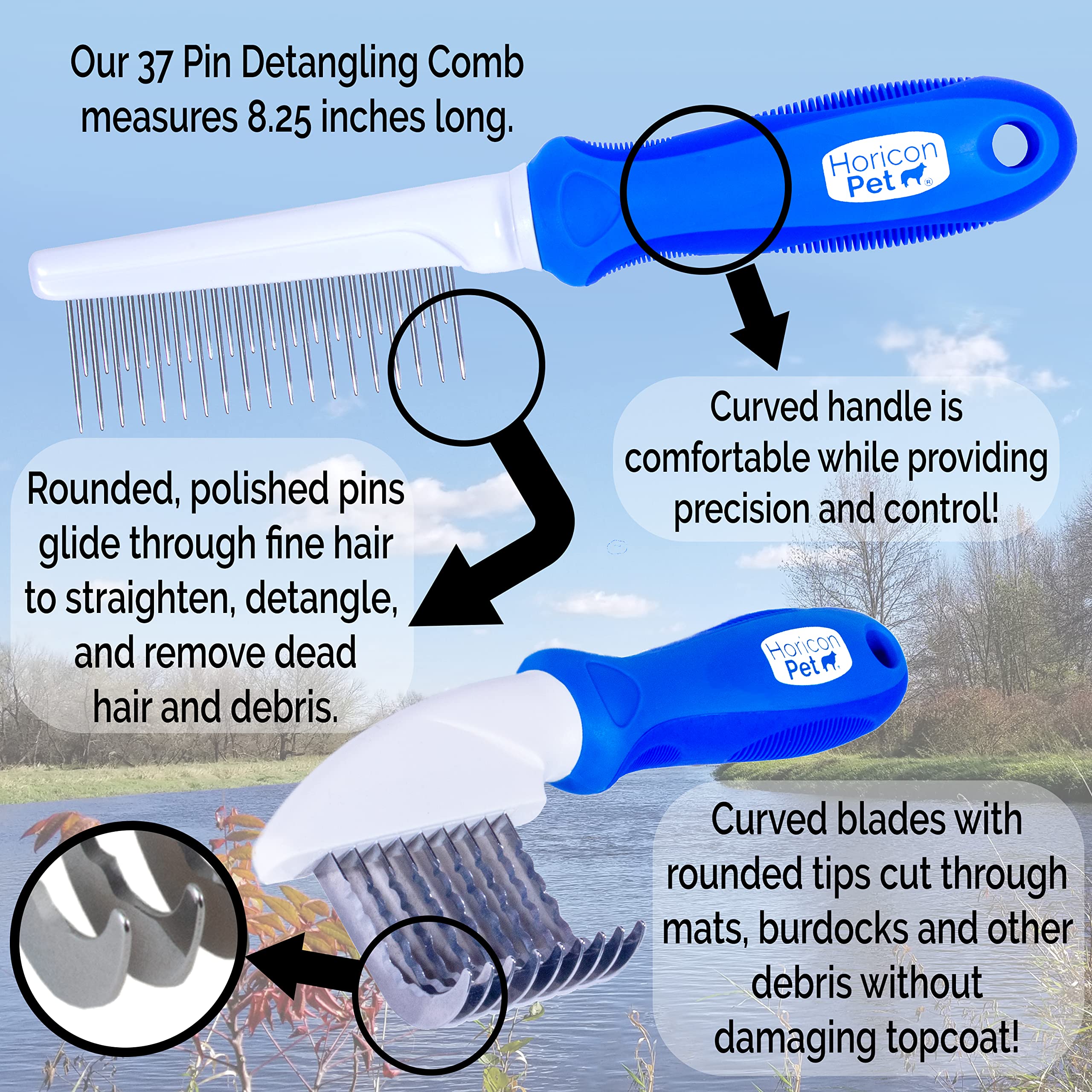 Horicon Pet 2 In 1 Dematting Razor Comb And 37 Pin Detangling Pet Comb Set - Removes Knots, Matted Fur, & Tangles Gently For Dogs & Cats