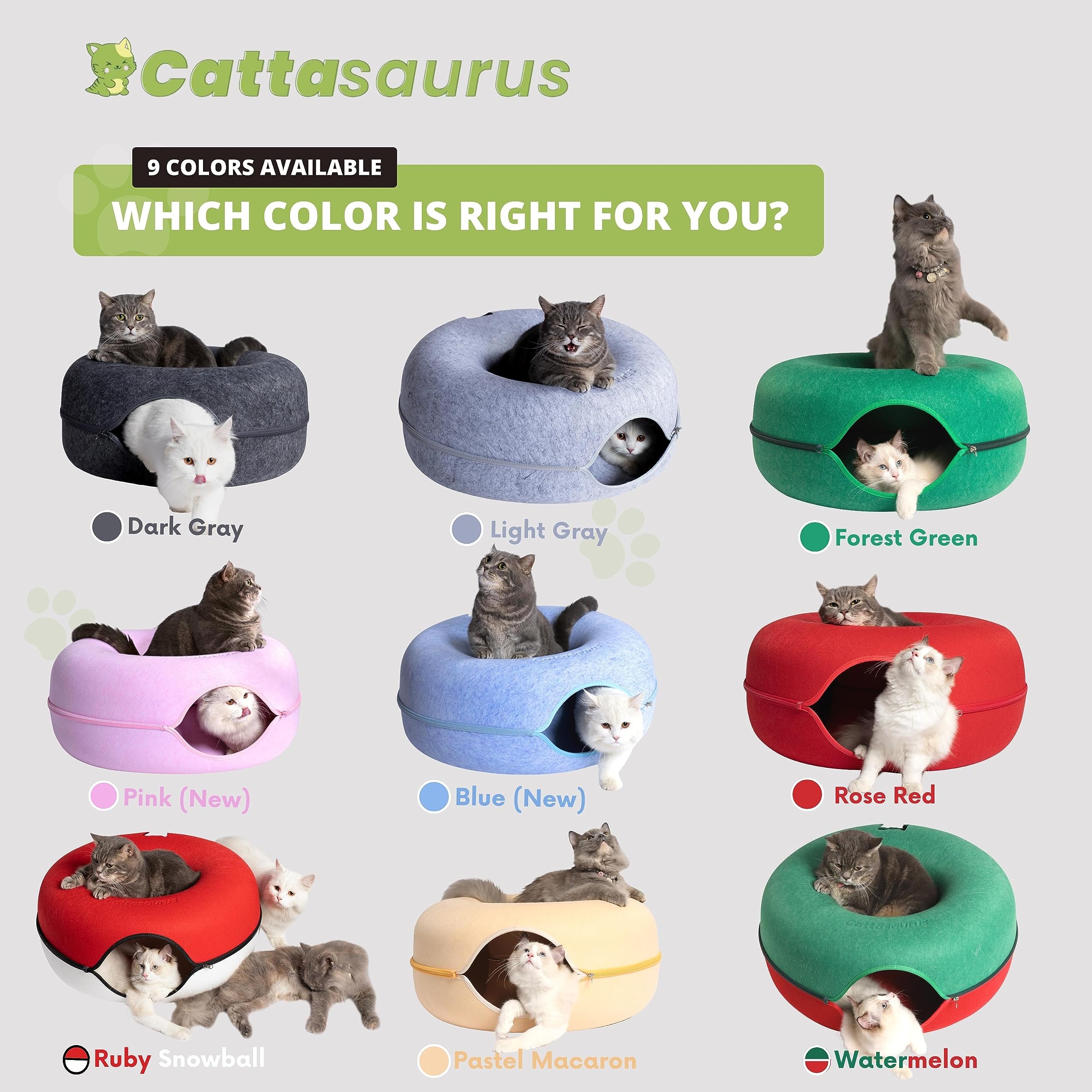 Cattasaurus Peekaboo Cat Cave - Large Pastel Macaron, Washable Felt Tunnel Bed for Multiple Cats Up to 45 Lbs, Model PAB1701