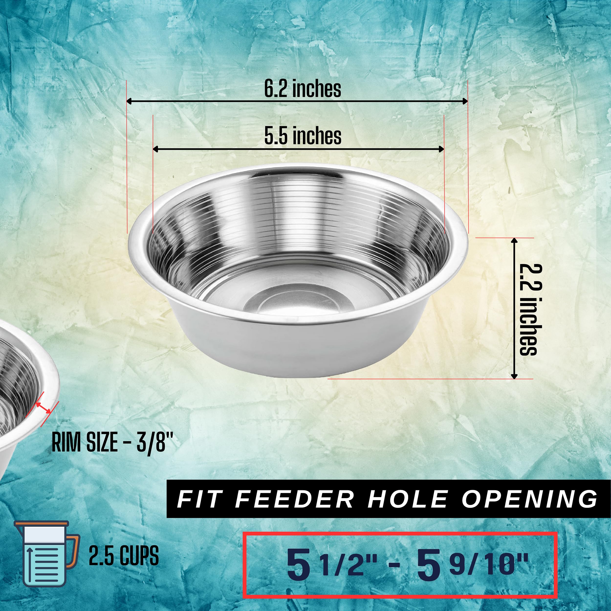 Hb 2.5 Cups Stainless Steel Dog And Cat Bowls (2 Pack) Extra Replacement Bowl 6.2'' Diameter, 2.2'' Height For Raised Feeder Wit