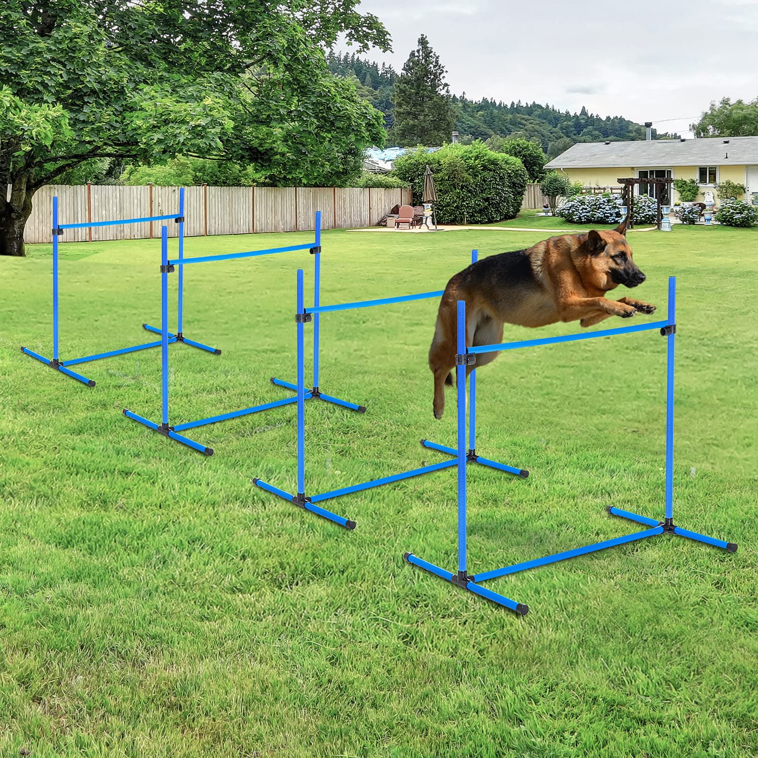 Pawhut 4 Piece Dog Agility Training Equipment For Dog Agility Course With Adjustable Height Jump Bars, Included Carry Bag, & Displacing Top Bar, Blue