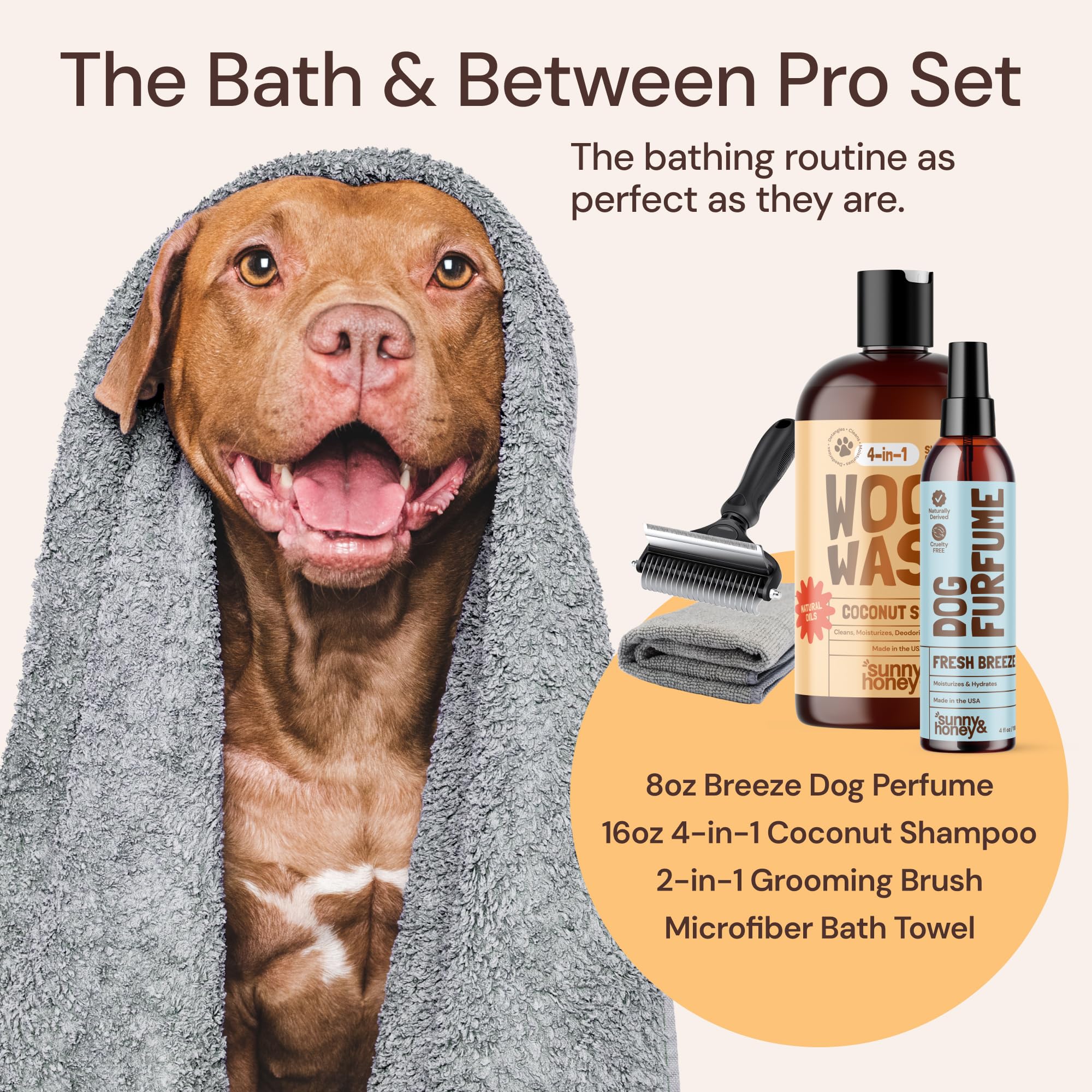 Sunny & Honey Bath Bundle - Dog Shampoo And Conditioner, Perfume, Brush For Shedding & Microfiber Towel - Moisturize & Detangle