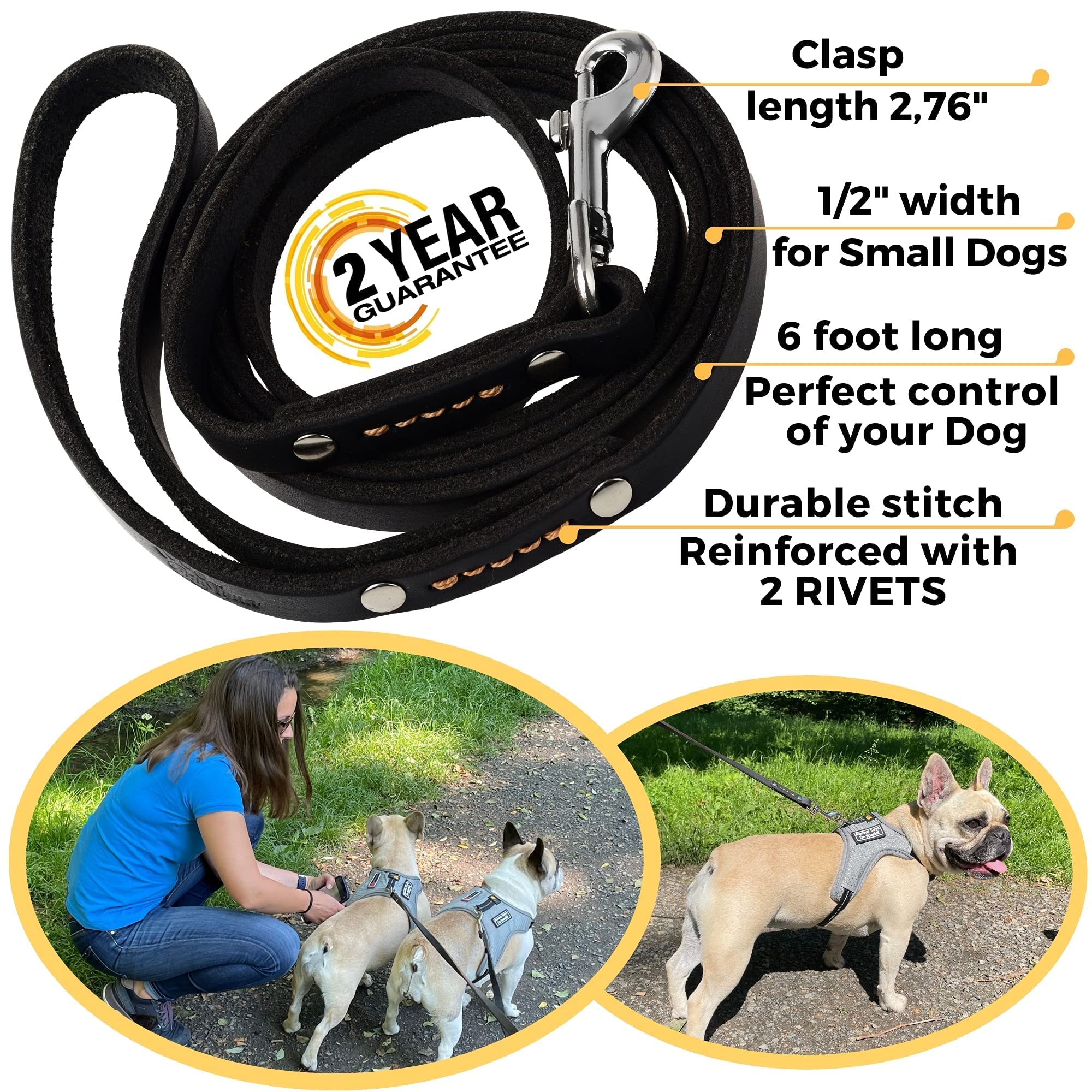 Adityna - Premium Leather Dog Leash - 6 Ft, Heavy-Duty, Soft & Strong For Small/Medium Dogs (Small: 6 Ft X 1/2', Black)