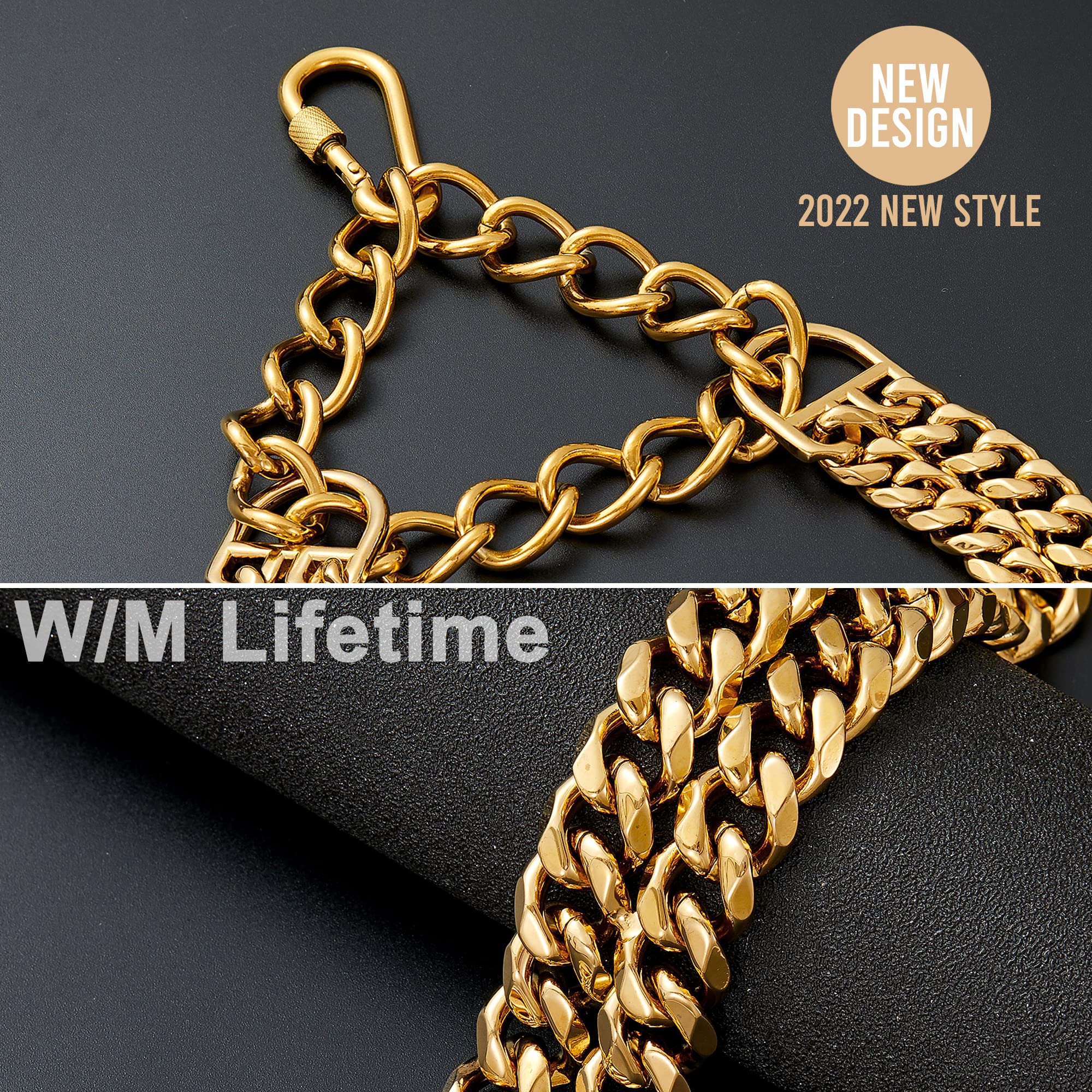 W/W Lifetime Gold Dog Chain Collar Walking Metal Chain Collar with Design Secure Buckle,18K Cuban Link Strong Heavy Duty Chew Pr