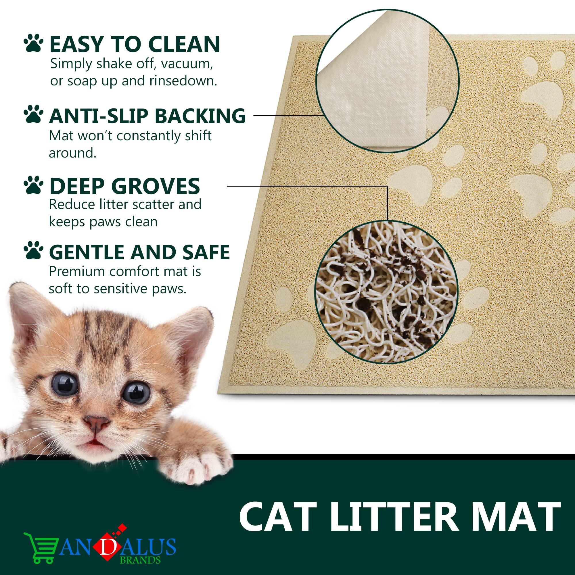 Andalus Small Cat Litter Mat, Pack Of 1 - Waterproof, Non-Slip & Easy To Clean Cat Litter Box Mat For Extra Efficient Pet Litter-Trapping, Beige (15.75” X 11.75”)