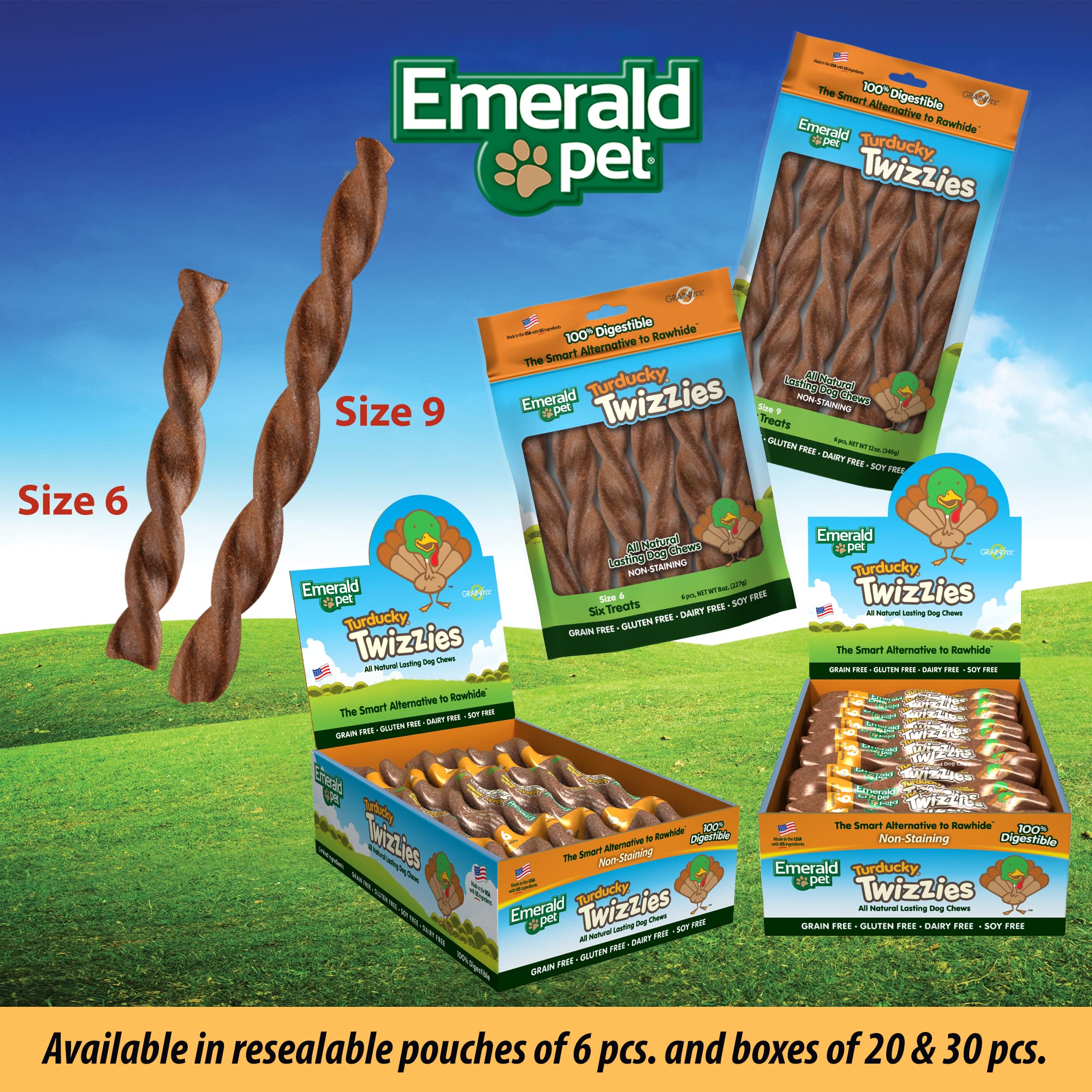 Emerald Pet Twizzies Rawhide Free 100% Digestible Natural Dog Lasting Chew Treats, Made in USA Size 6, Turducky Turkey Duck Mult