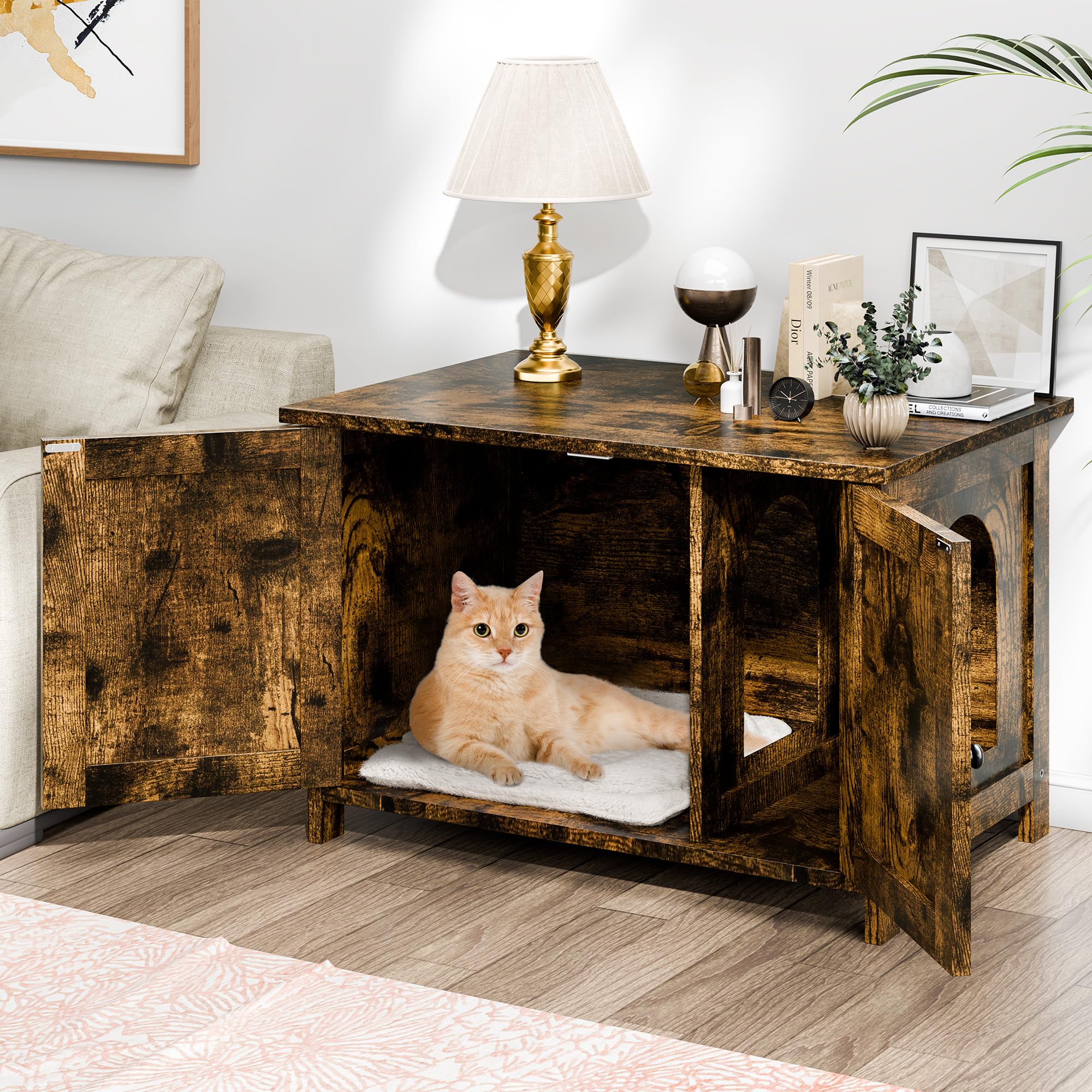 Shintenchi Cat Littler Box Enclosure, Litter Box Furniture Hidden with Removable Divider, Cat House with End Table, Brown