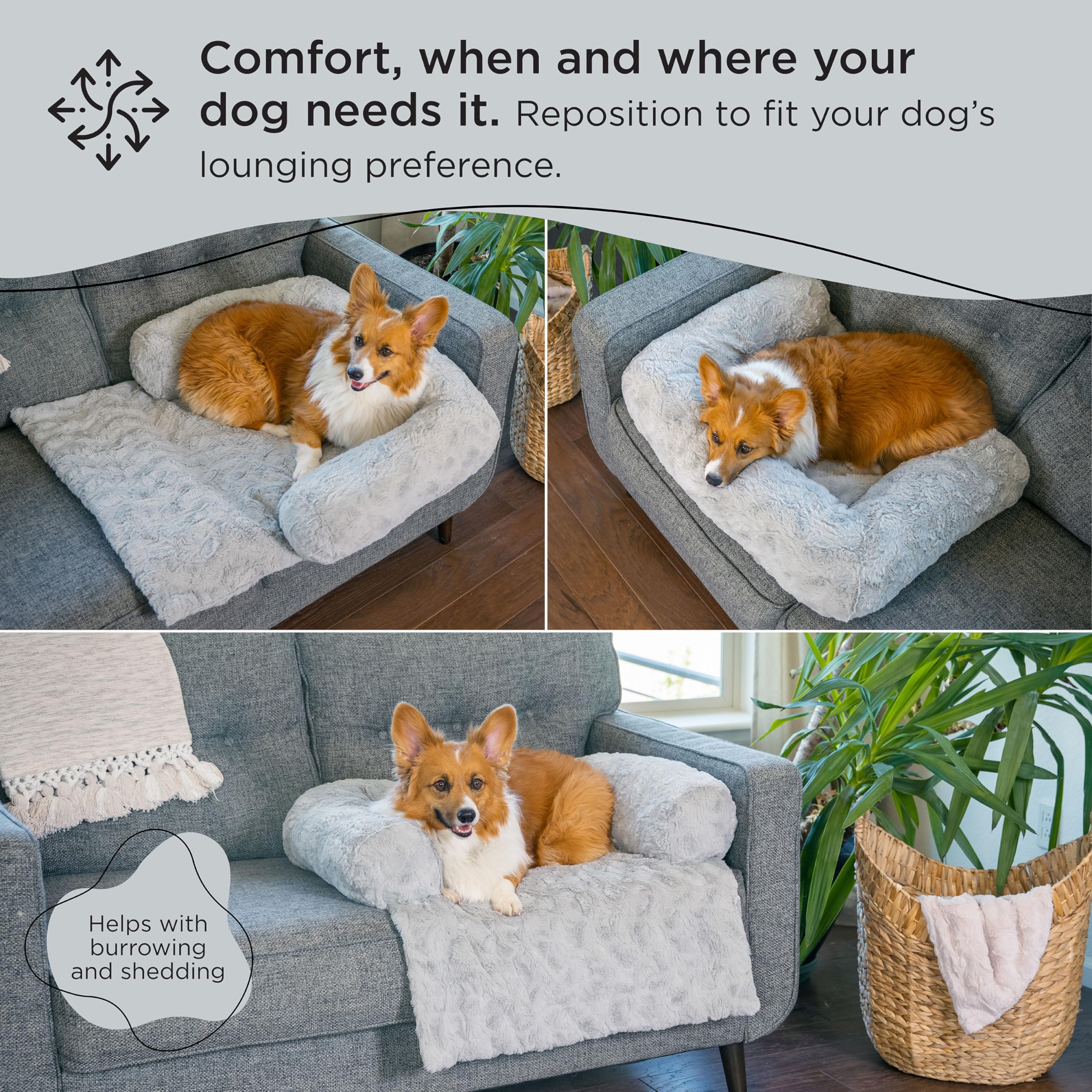 Best Friends By Sheri Calming Dog Blanket With Supportive Bolster, Machine Washable Faux Fur Pet Throw, Gray, Medium