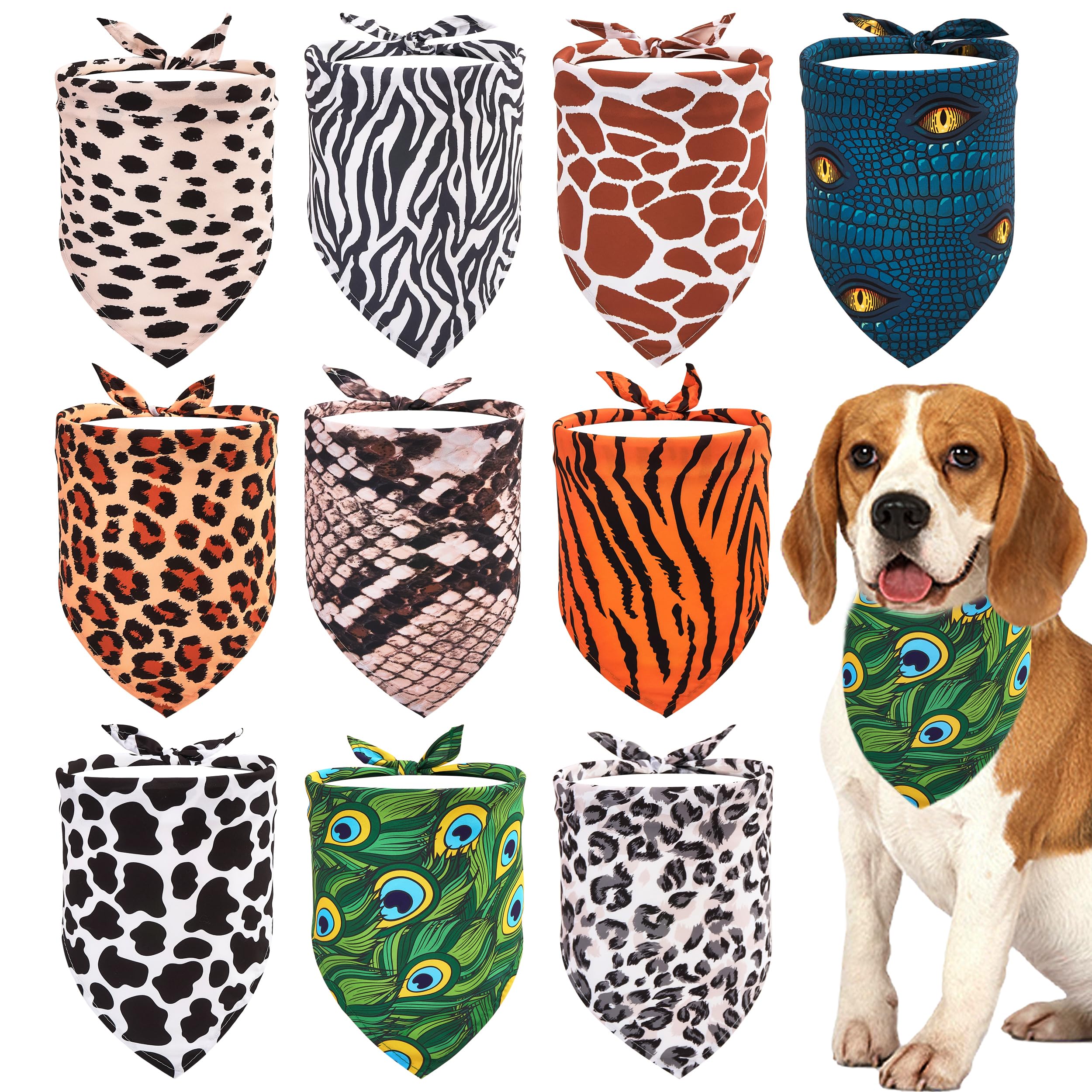 JpGdn 10PCS Animal Print Dog Bandanas Triangle Bibs Head Scarves Zebra Leopard Snake Tiger Peacock Cheetah Giraffe and Cow Print