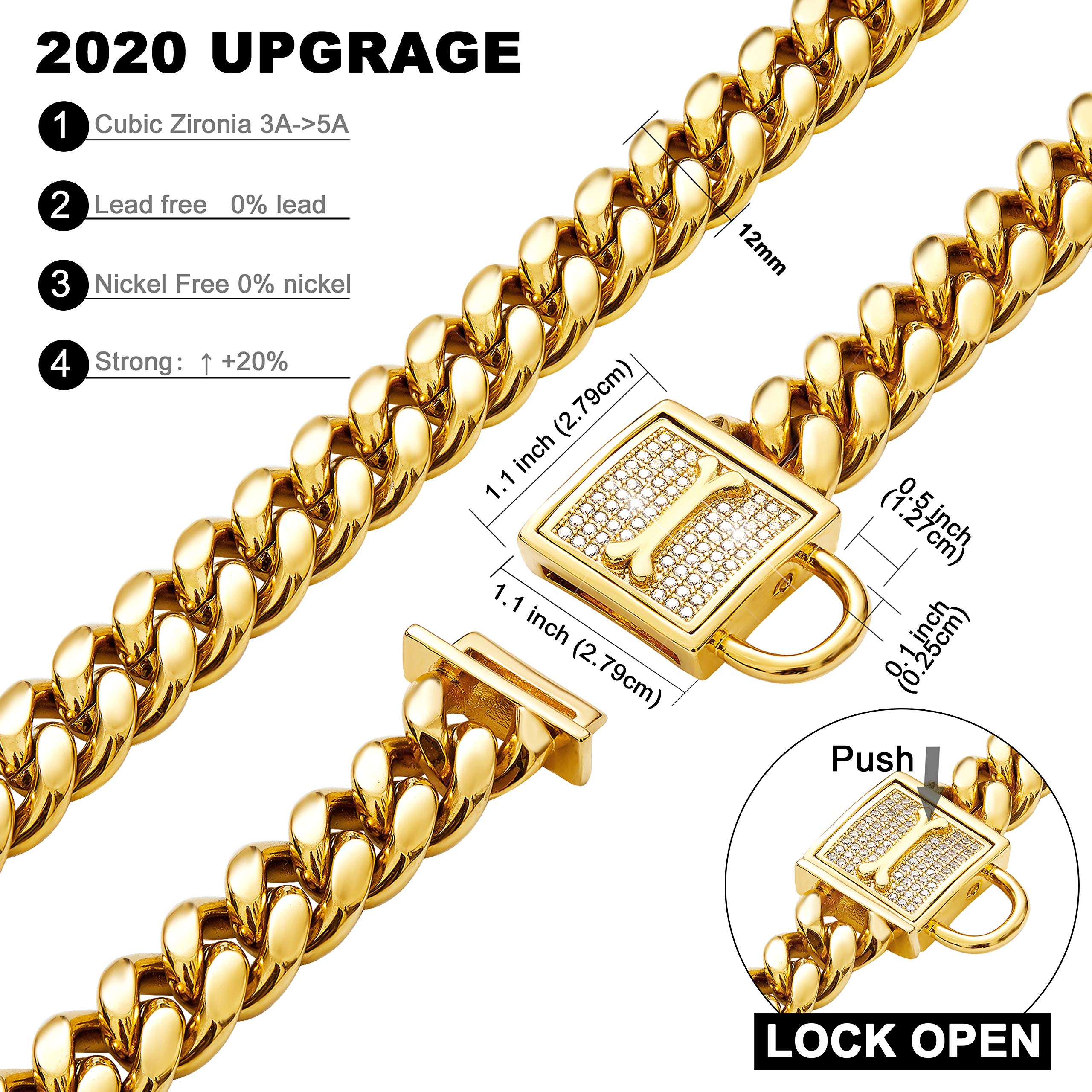 Chain Dog Collar with Zirconia Locking 12mm 18K Gold Cuban Link Chain Metal Stainless Steel Dog Walking Puppy Collar Luxury Dog