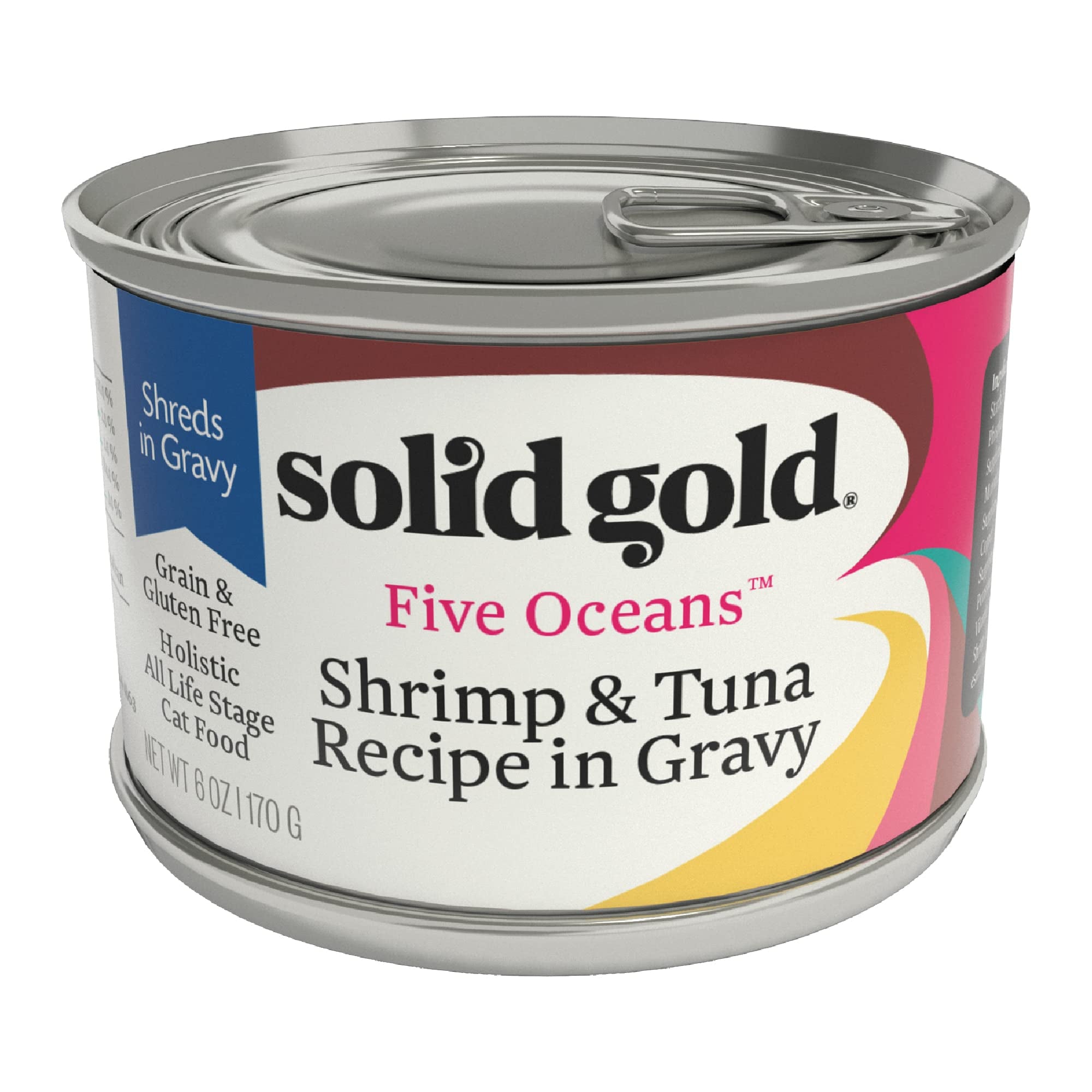 Solid Gold Wet Cat Food Shreds in Gravy - Canned Cat Food Made w/Real Tuna & Shrimp - Five Oceans Grain Free 16ct/6oz Can