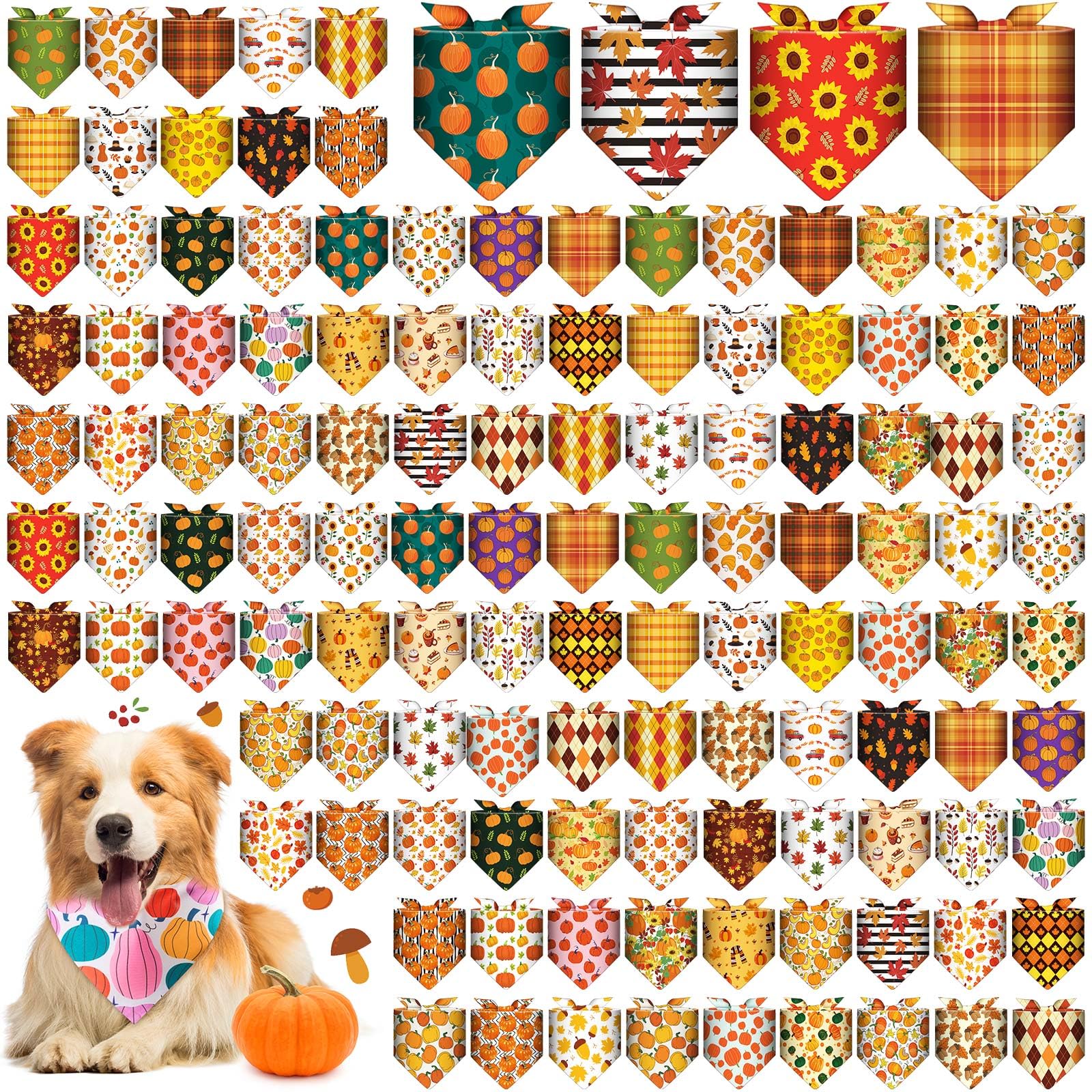 Sanwuta 120 Pcs Fall Thanksgiving Dog Bandanas Bulk, Dog Scarves for Small Medium Large Dogs Cats, Adjustable Triangle Pet Banda