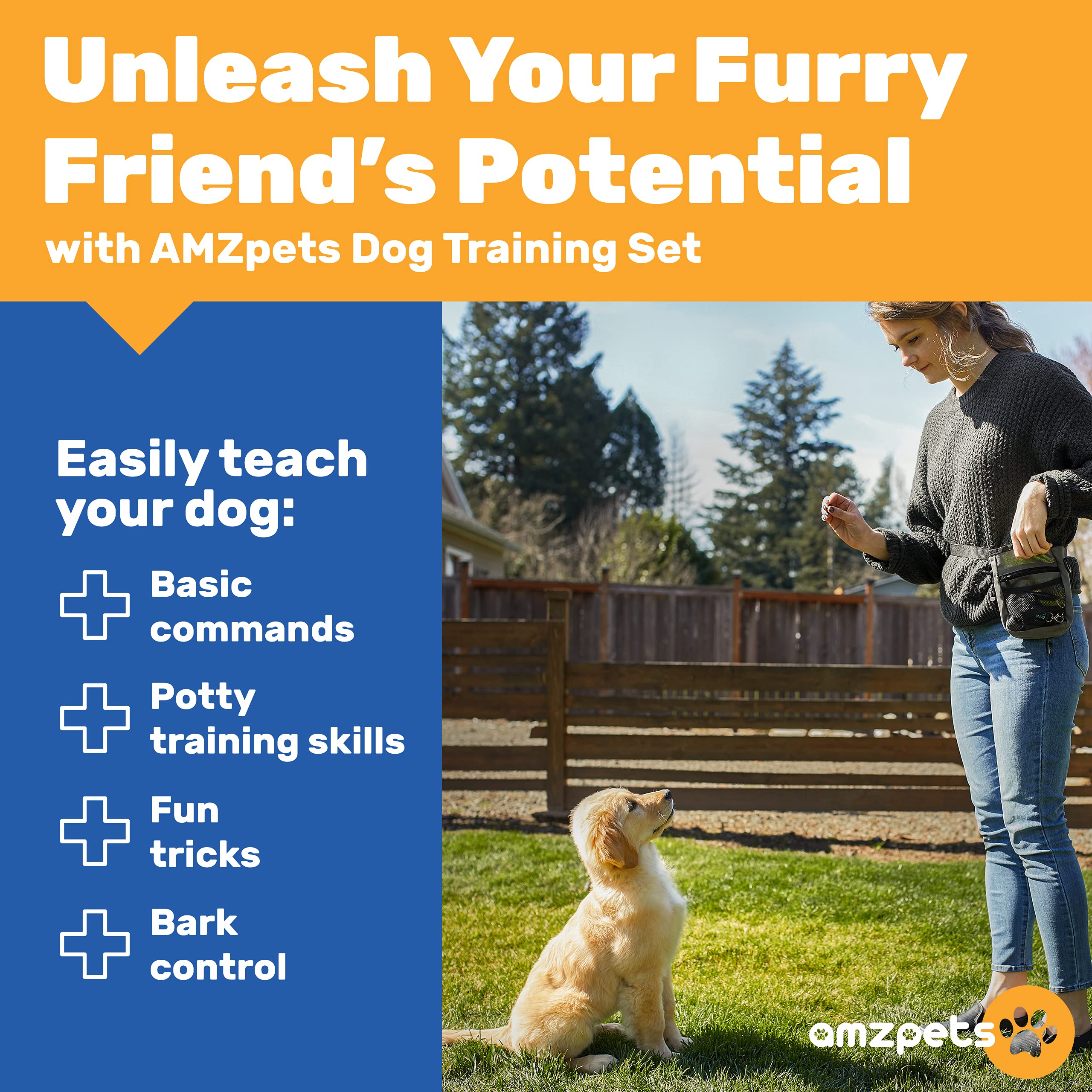 Amzpets Dog Training Set, Puppy Supplies Starter Kit With Dogs Clicker, Treat Pouch Bag, Housetraining Door Bells, Ultrasonic Wh