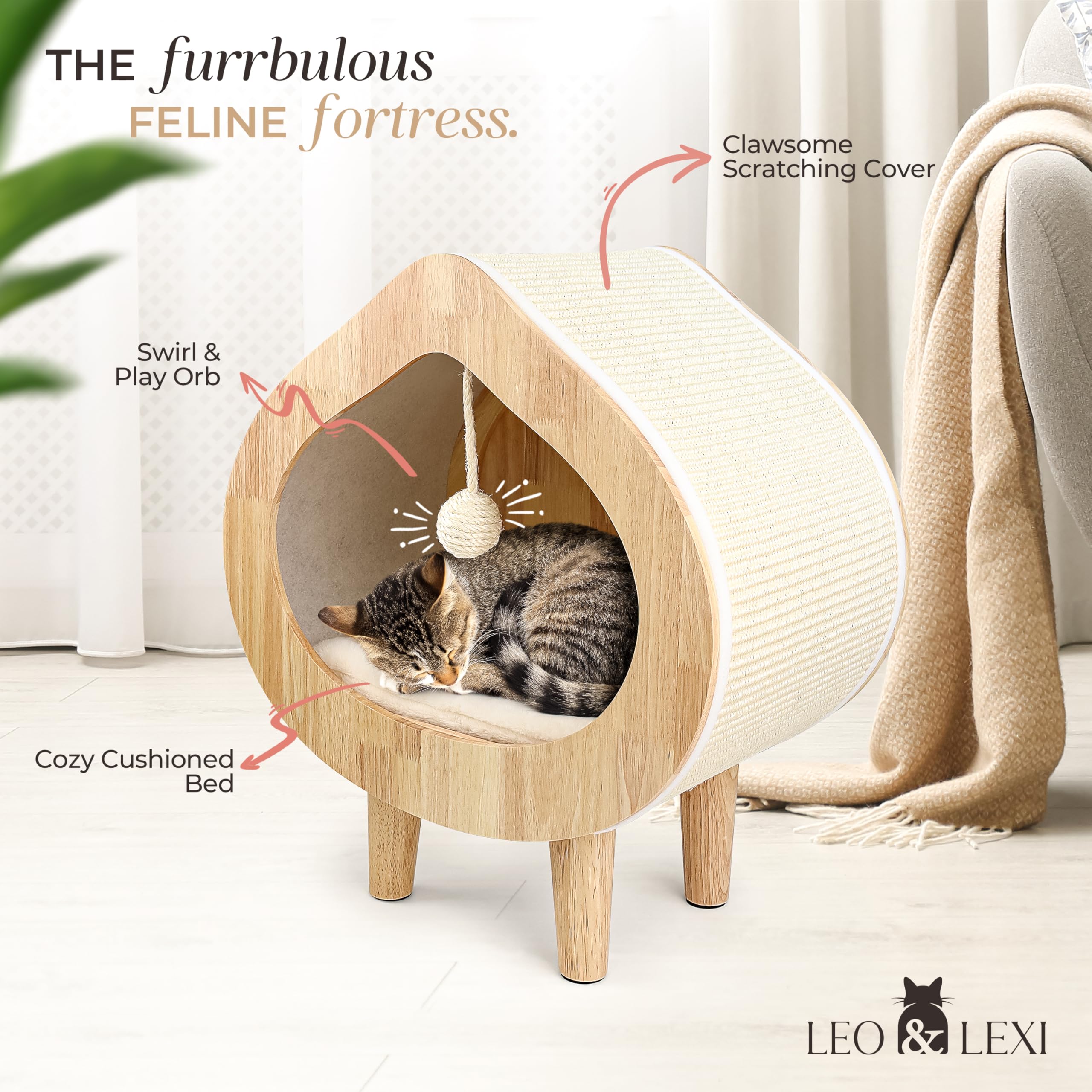 Unique Modern Cat Bed For Indoor Cats, House With Scratching Wall, Cozy Cave For Hideout, Cute Kitty Condo For Sleeping, Luxury