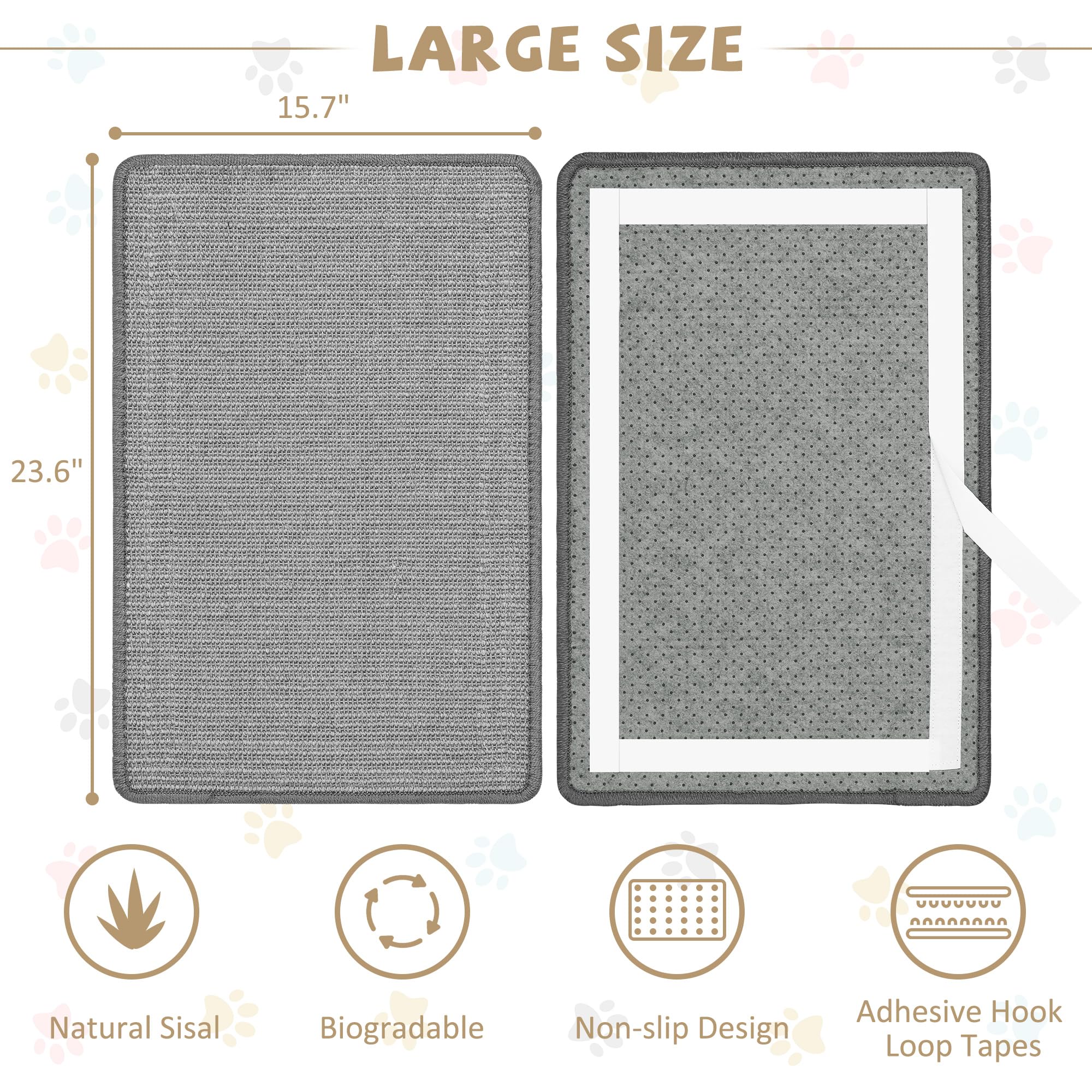 Graciadeco Gray Cat Scratching Mat Sisal, 2 Packs Sisal Fabric Large Cat Scratching Pad For Indoor Cats With Adhesive Hook Loop Tape, Wall Scratchers For Indoor Cats 23.6' X 15.7'