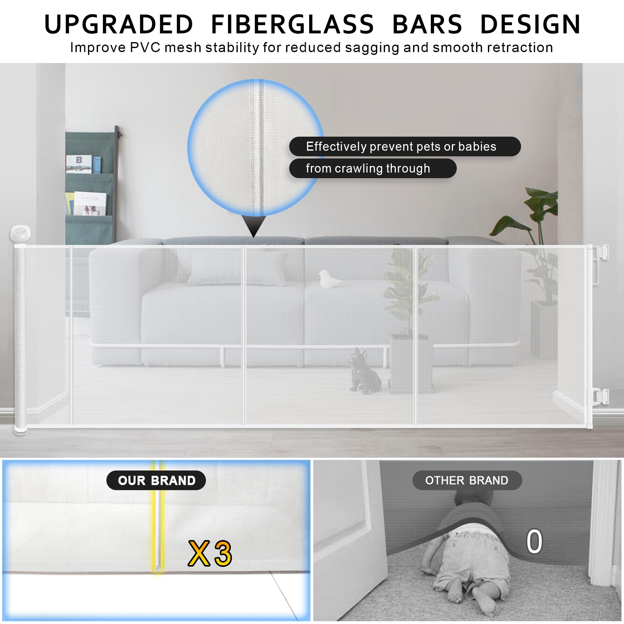 Extra Wide Retractable Baby Safety Gates Extends to 137 Wide 34 Tall, Large Mesh Dog Pets Gate with Reinforced Strip for Stair D