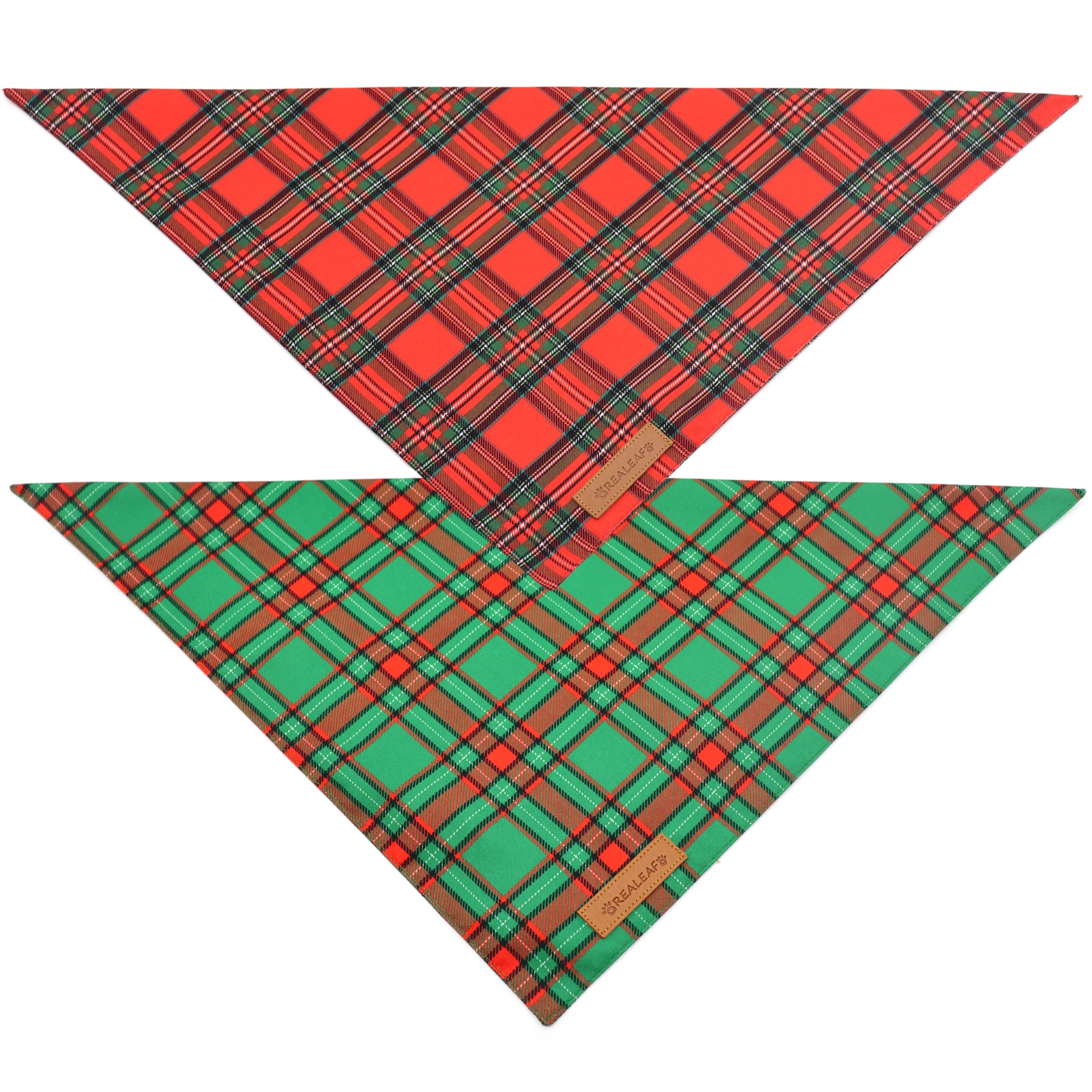 Realeaf Christmas Dog Bandanas 2 Pack, Reversible Red Green Plaid Dog Scarf, Xmas Pet Bandana, Premium Durable Fabric, Holiday C