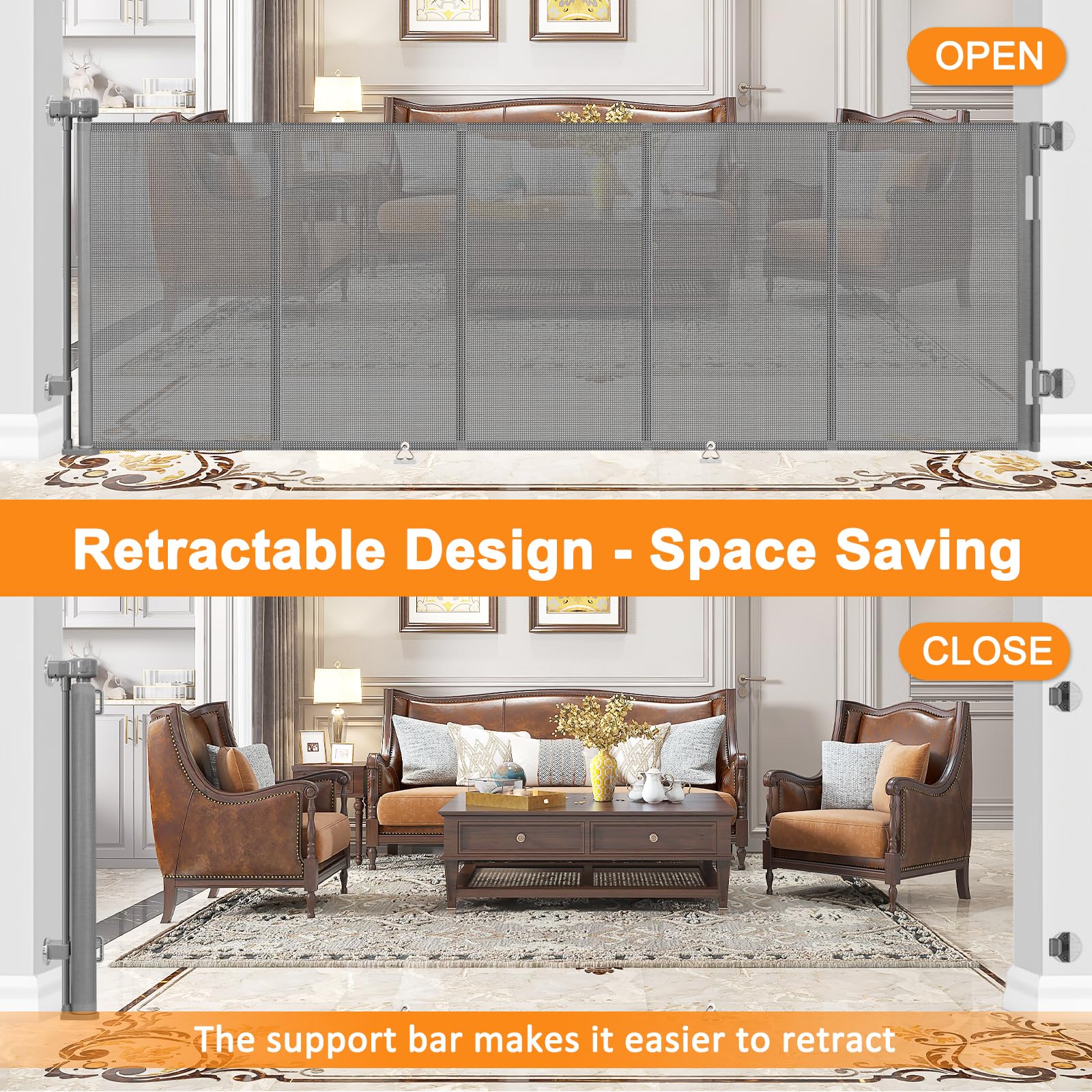 Reinforced No Drill 100'' Wide Retractable Baby Gates for Doorways No Drilling Extra Long Baby Gates Indoor Extra Long Retractab