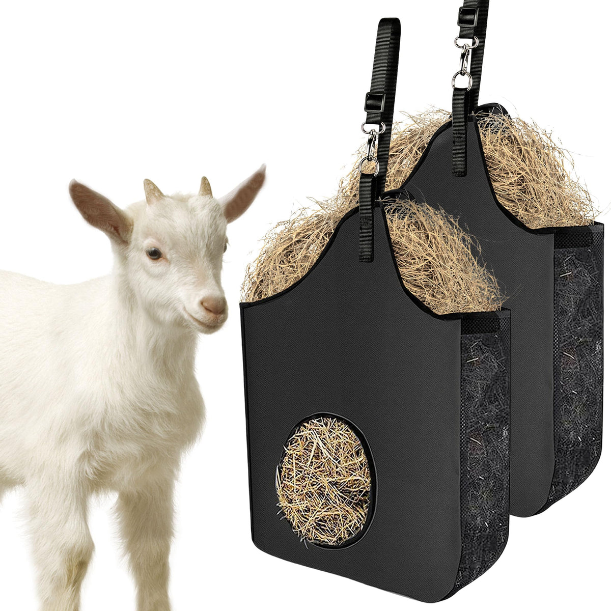 INKNOTE 2 Pcs Hay Bag Hanging Goat Feeder Tote Premium Oxford Cloth with Metal Ring and Adjustable Strap for Horses Donkeys Cows