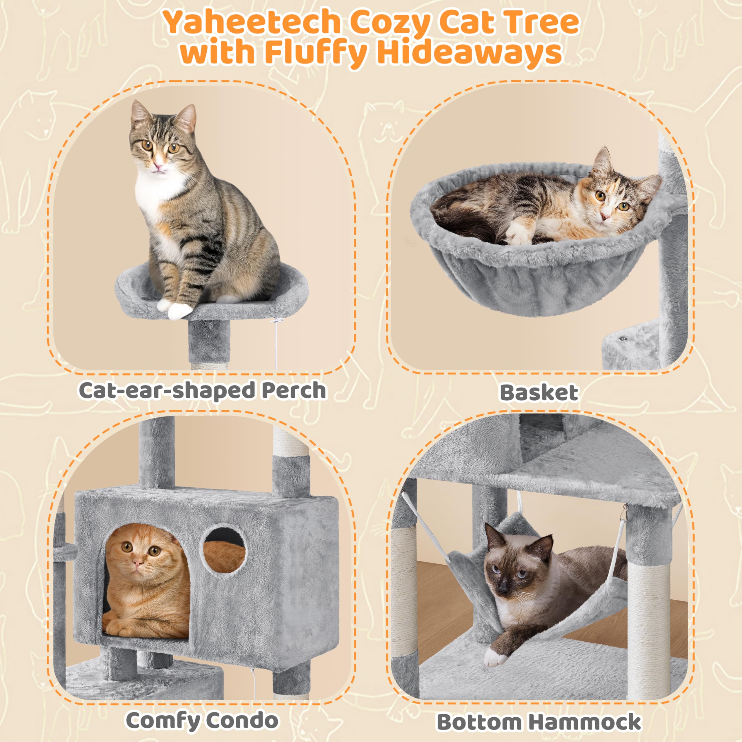 Yaheetech 73In Cat Tree Tower For Indoor Cats, Multi-Level Cat Activity Center With Scratching Posts Large Cat Condo With Funny Hammock For Kittens, Light Gray