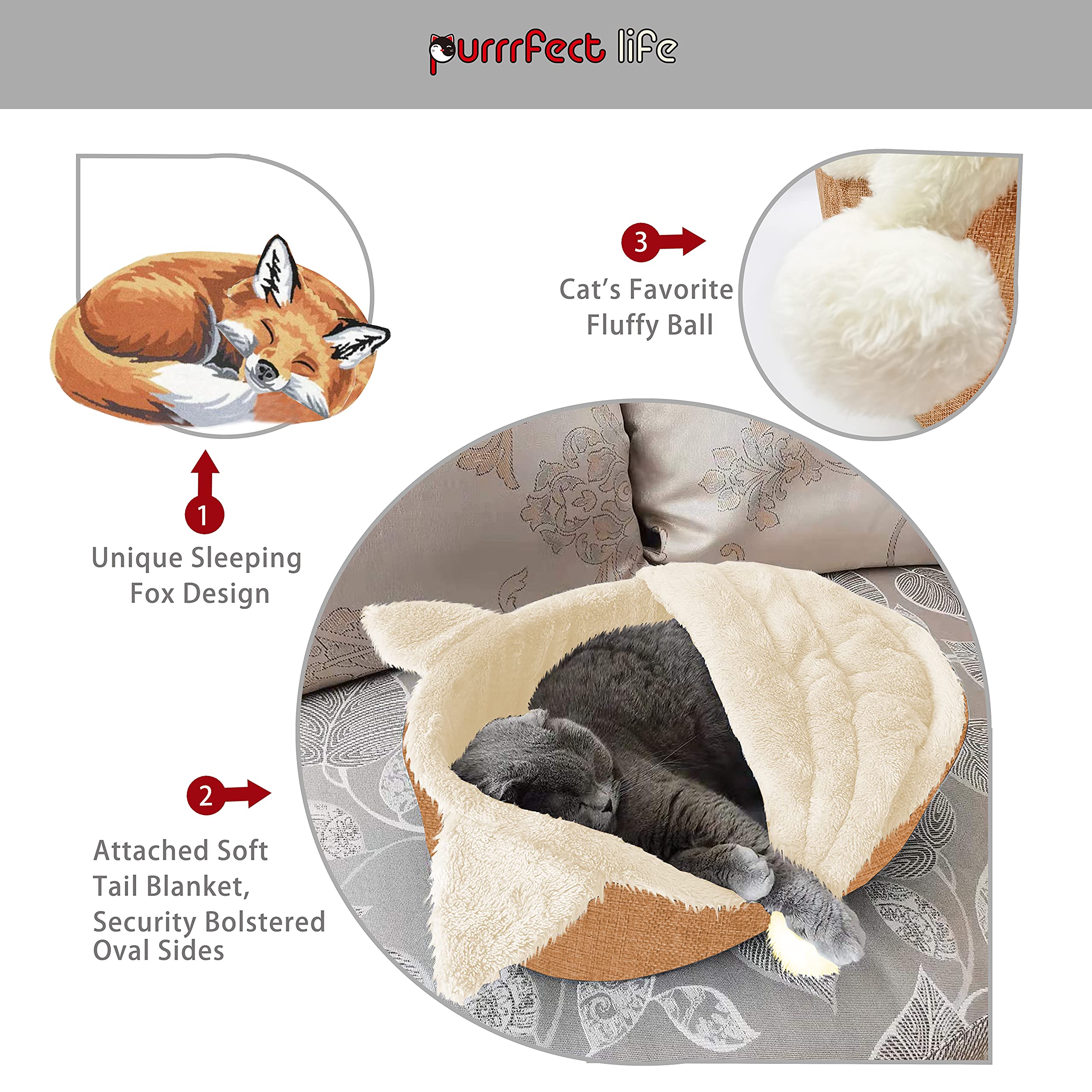 Purrrfect Life Oval Pet Beds For Cats And Small Dogs, Snuggery Pet Bed With Attached Blanket, Hooded Bolster Bed, Ultra Soft Short Plush, Washable High Resilience Pp Cotton, And More (Small, Brown)