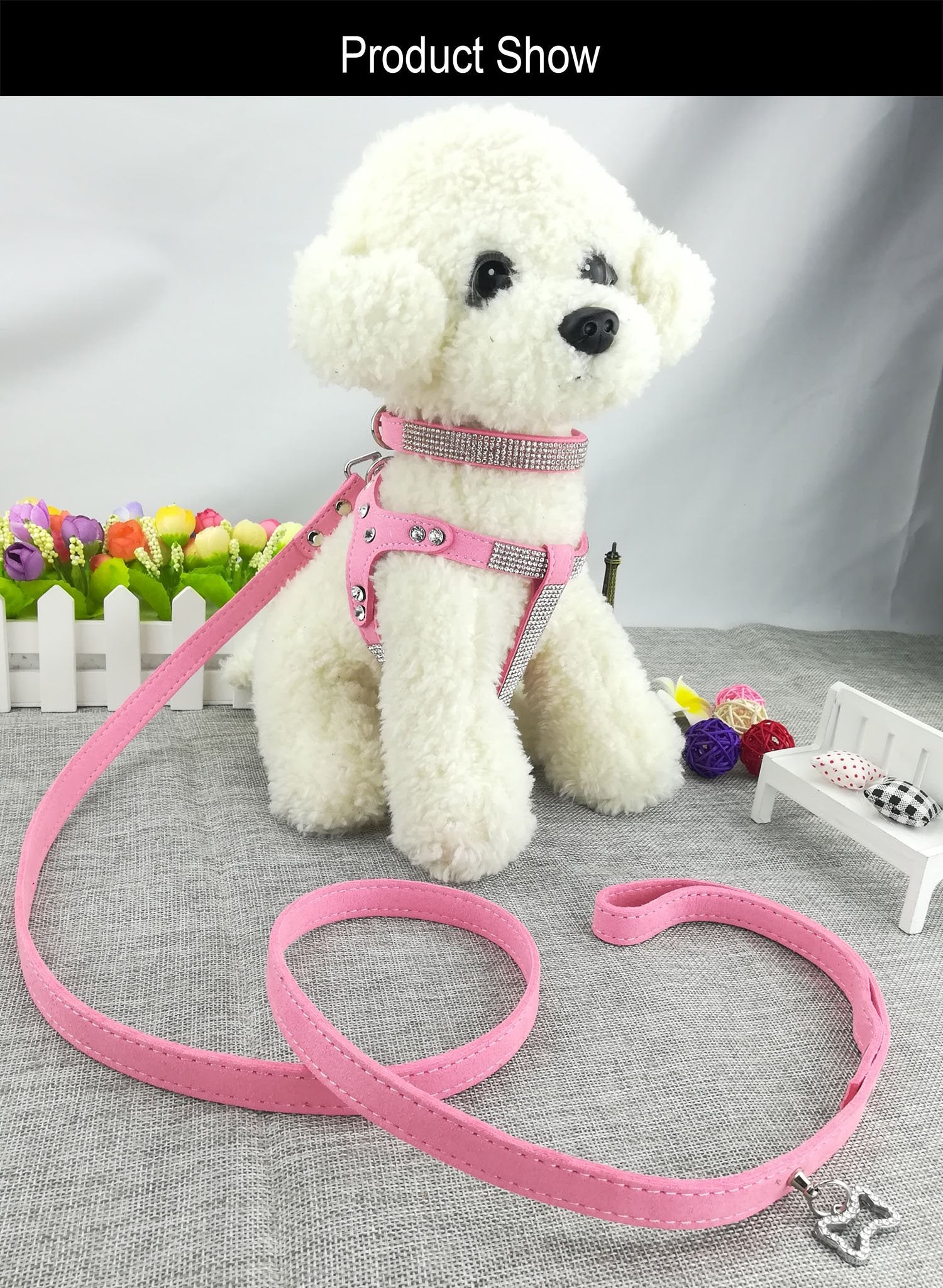 Newtensina Dog Collars & Harness & Lead Sets Fashion Dog Collar Diamante With Harness & Leashes Comfortable Soft Collar Harness And Leashes Set For Dog - Pink - S