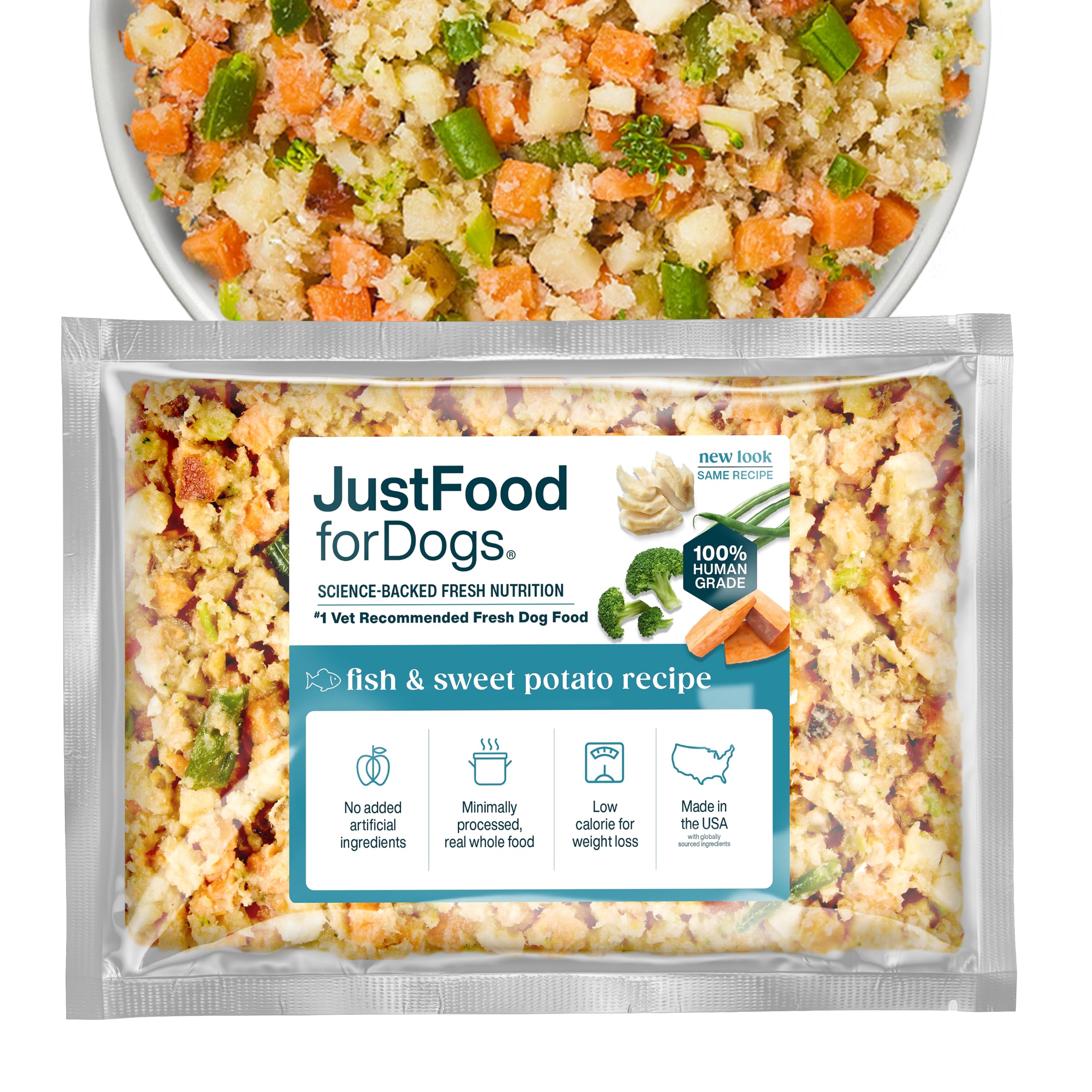JustFoodForDogs Frozen Fresh Dog Food, Complete Meal or Topper, Fish & Sweet Potato Human Grade Recipe, 18 oz (Pack of 7)