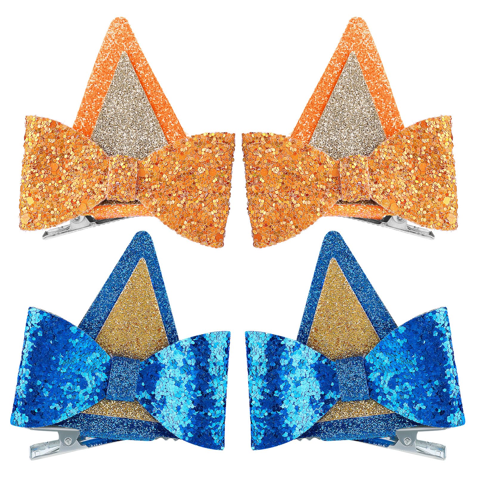 2 Pairs Blue Ears Hair Clips Dog Ears Hair Clips Glitter Bow Barrettes For Halloween Costume Birthday Decorations Blue Party Sup