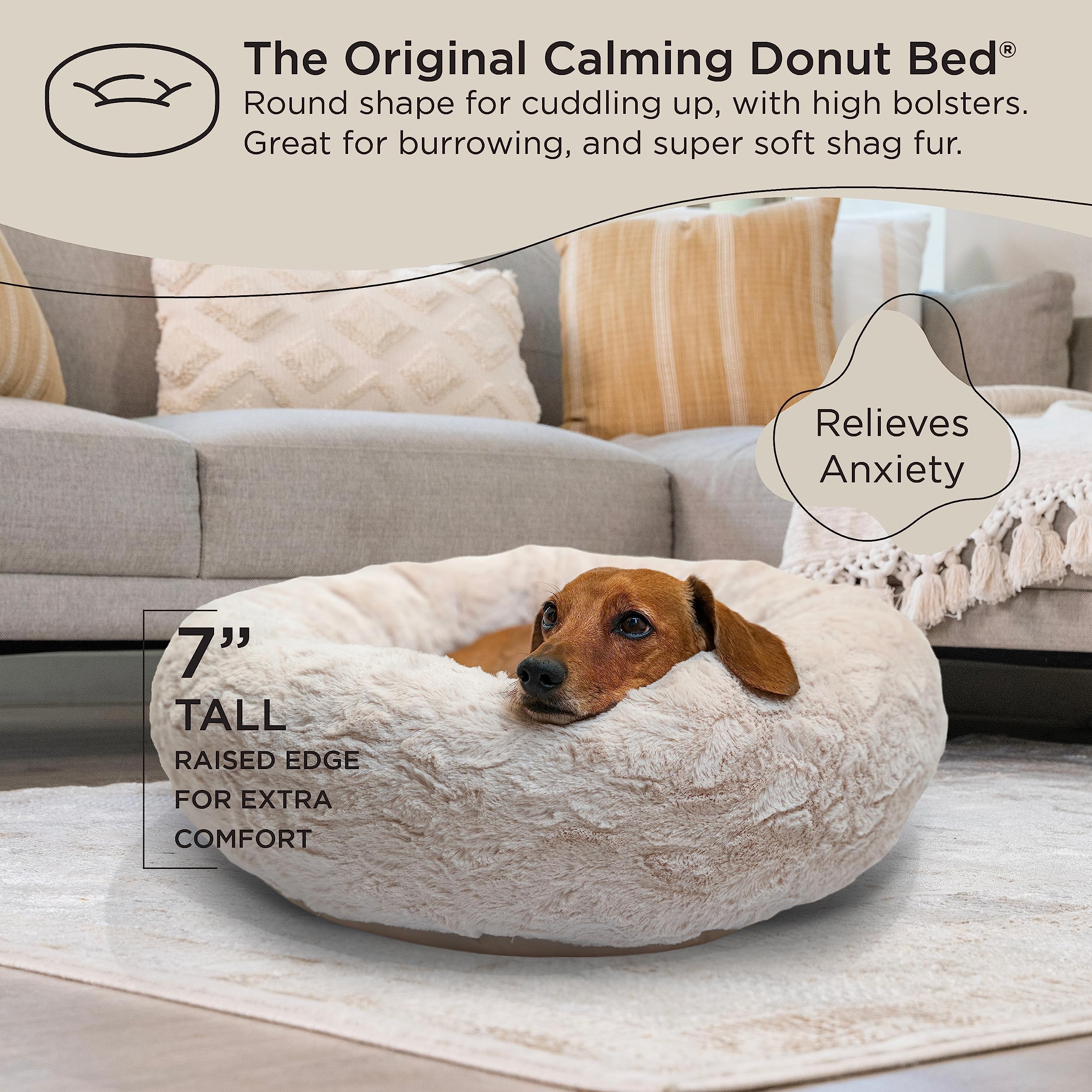 Best Friends by Sheri Calming Donut Cat & Dog Bed, Small 23", Luxurious Plush, Lux Oyster, Model 4684