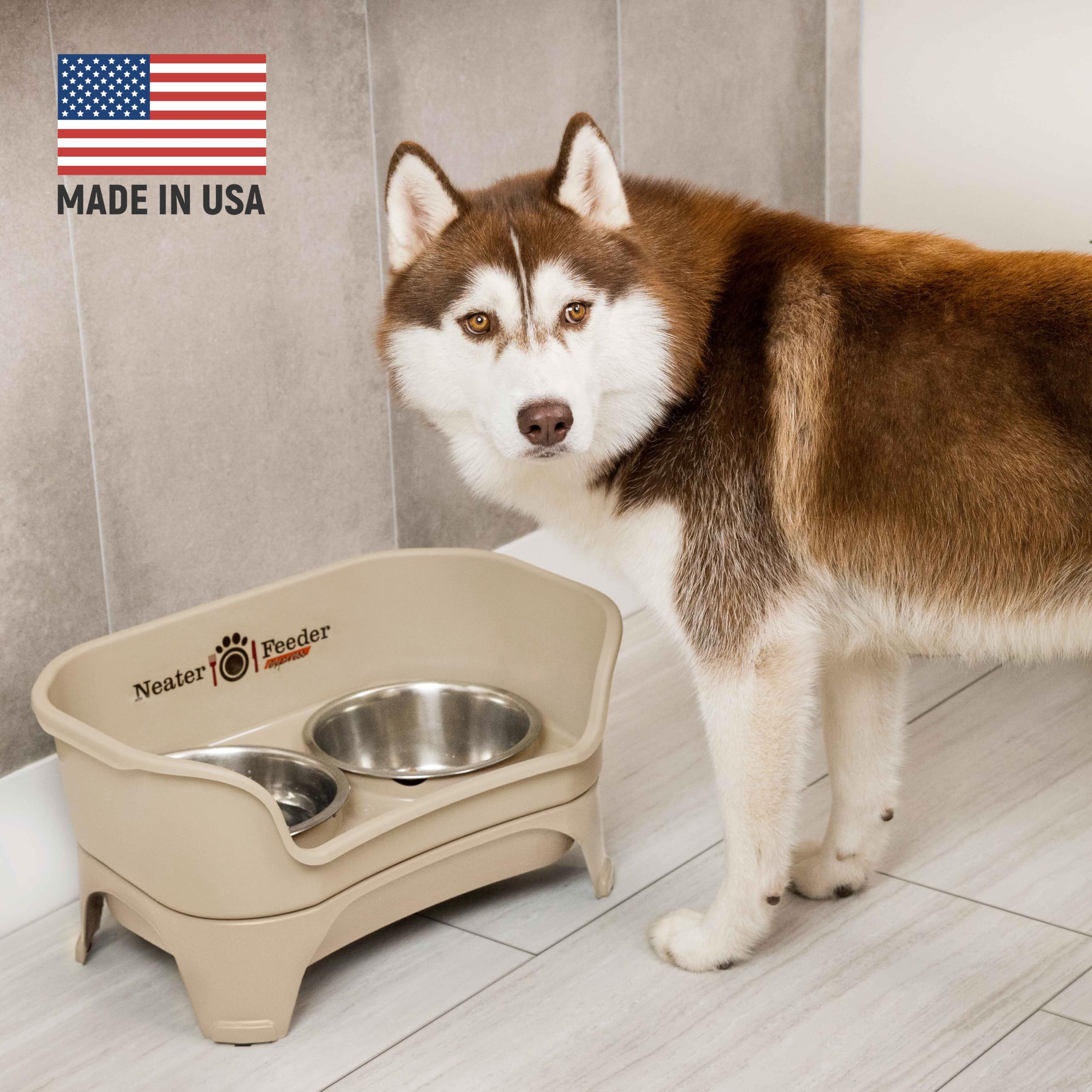 Neater Feeder - Express Model W/ Slow Feed Bowl - Mess-Proof Dog Bowls (M/L, Almond) Made In Usa - Elevated, No Spill, Non-Tip,