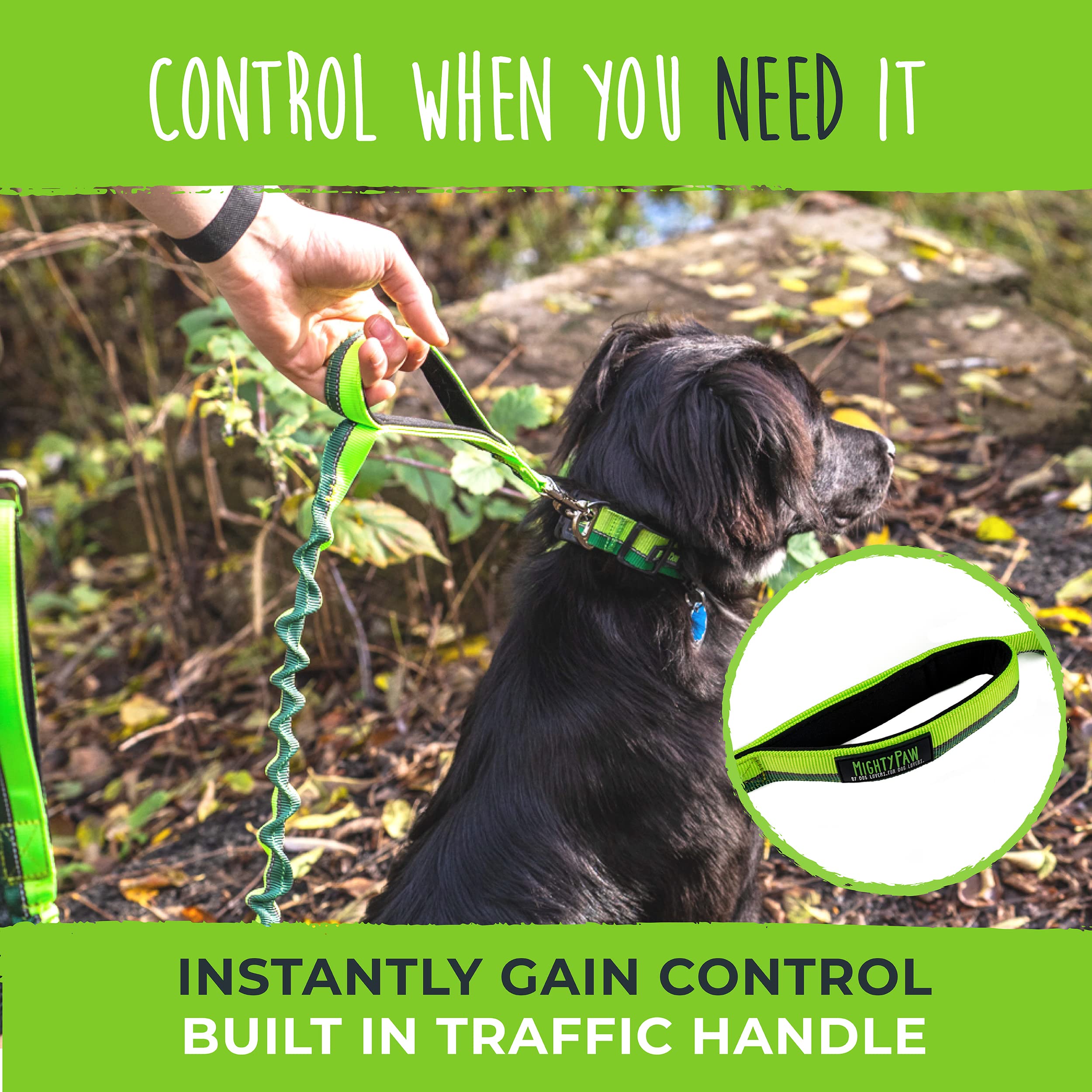 Mighty Paw Hands Free Dog Leash | Bungee Waist Leash For Dog Walking. Pet Running Hands Free Tether For Large, Medium & Small Breeds. Pet Waist Belt (36' - 48') Up To 150 Lbs - Green