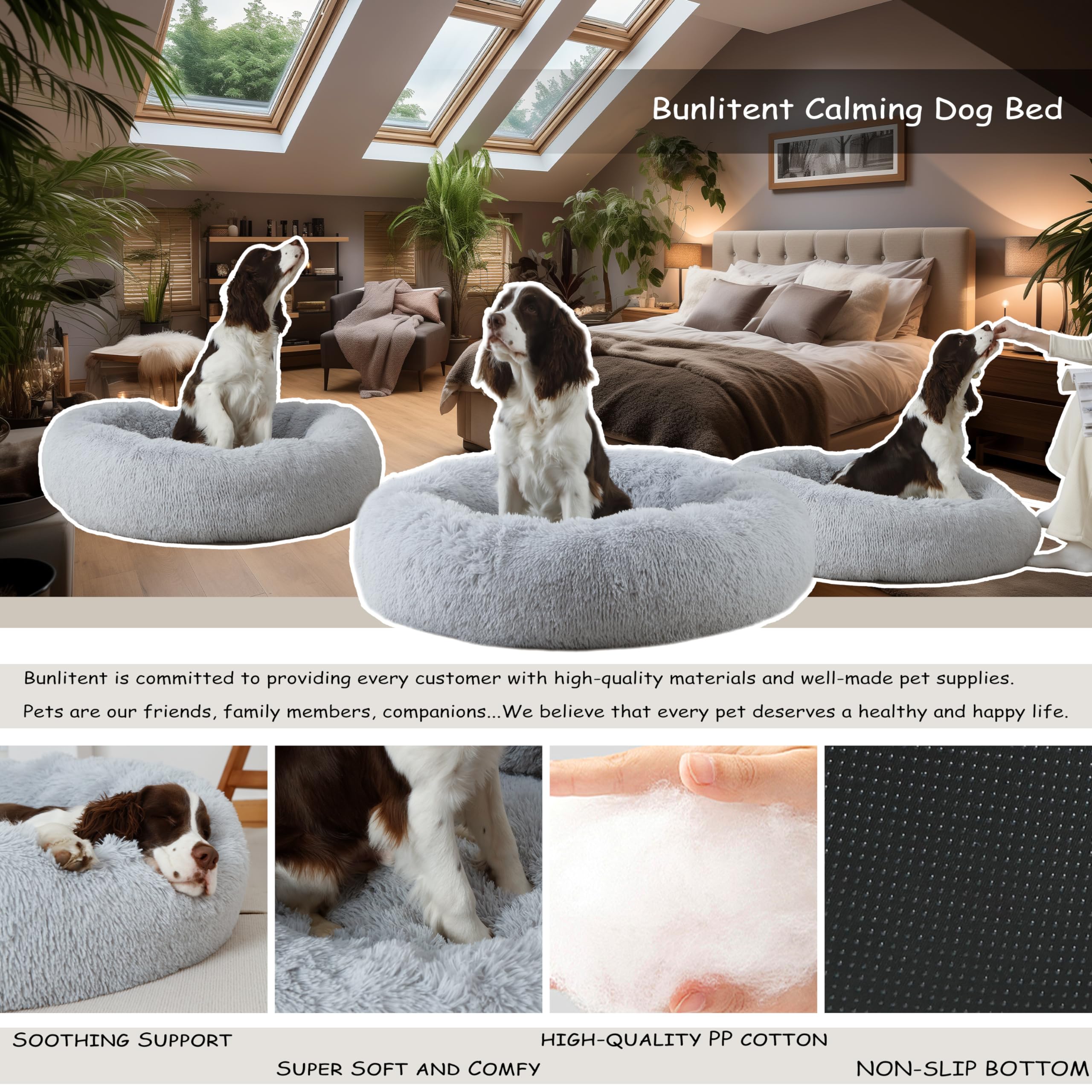 Bunlitent Calming Dog Bed, 30" Plush Anti-Anxiety Donut for Medium/Large Dogs, Grey, Faux Fur, Model DOGBED-30