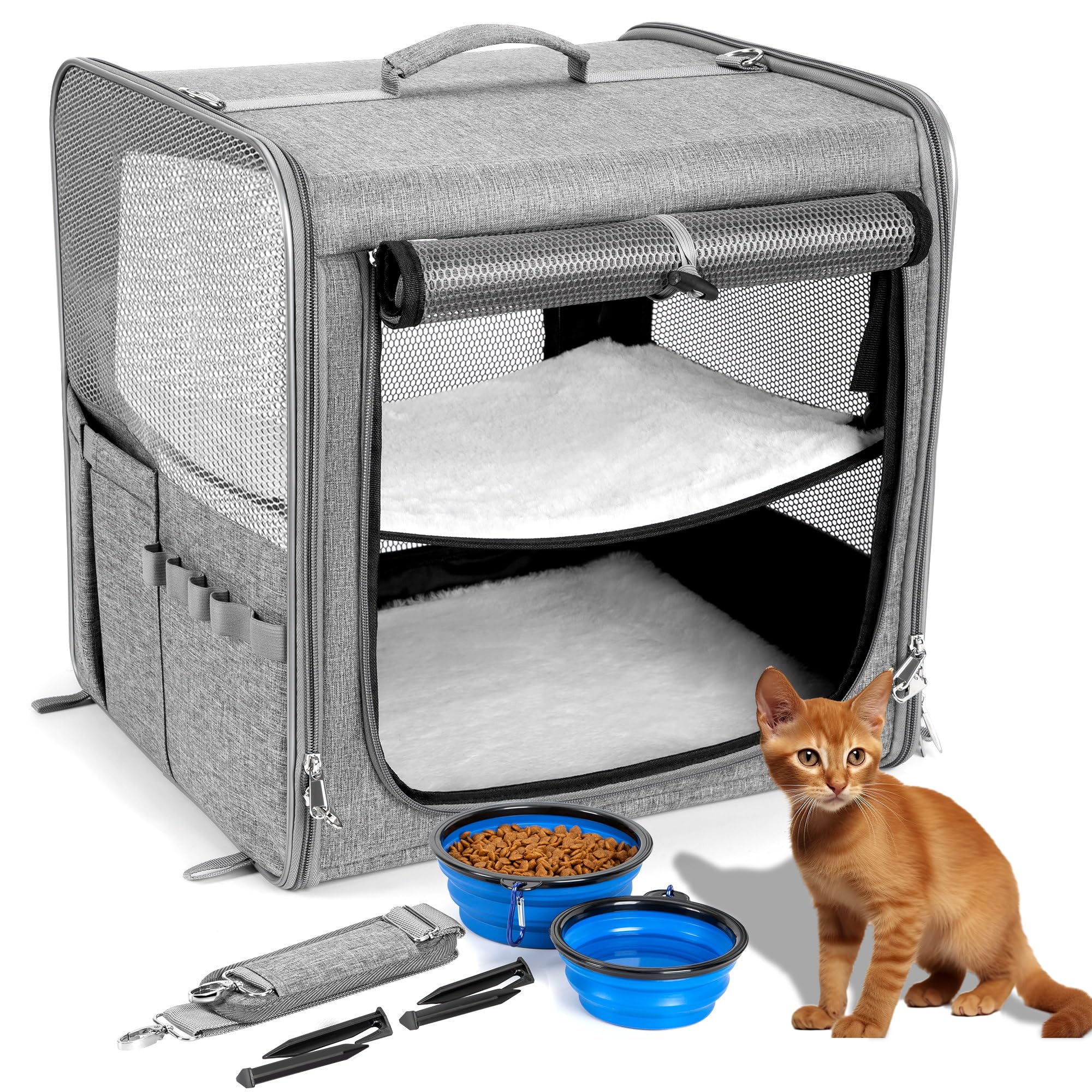 Suertree Cat Carrier For 2 Cats, Pet Travel Carrier For Cats And Small Dogs Up To 45 Lbs, Bowls, And Locking Zippers
