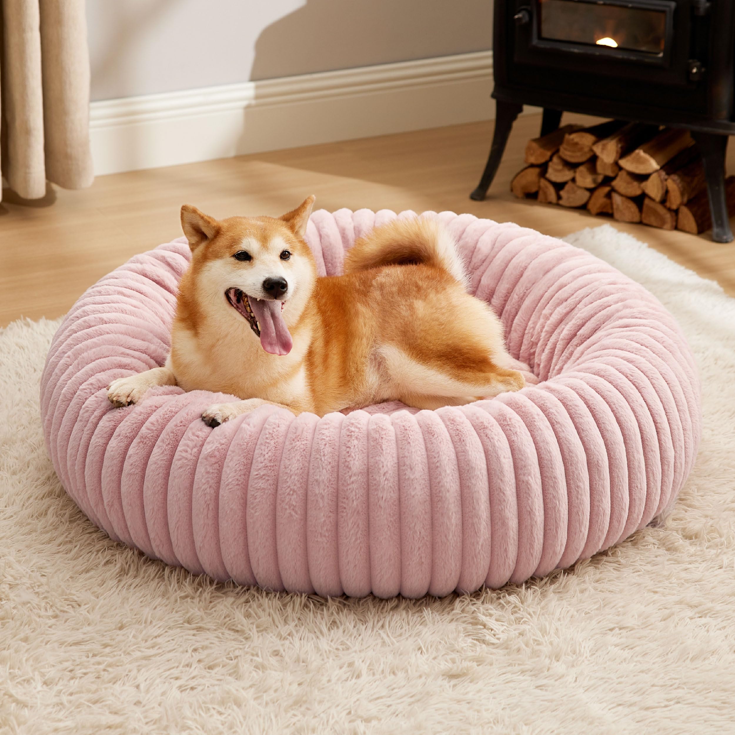 Bedsure Donut Large Dog Bed - Washable Faux Fur With Corduroy Fleece & Anti Slip Bottom, Round Pet Bed With Removable Cover, Blu