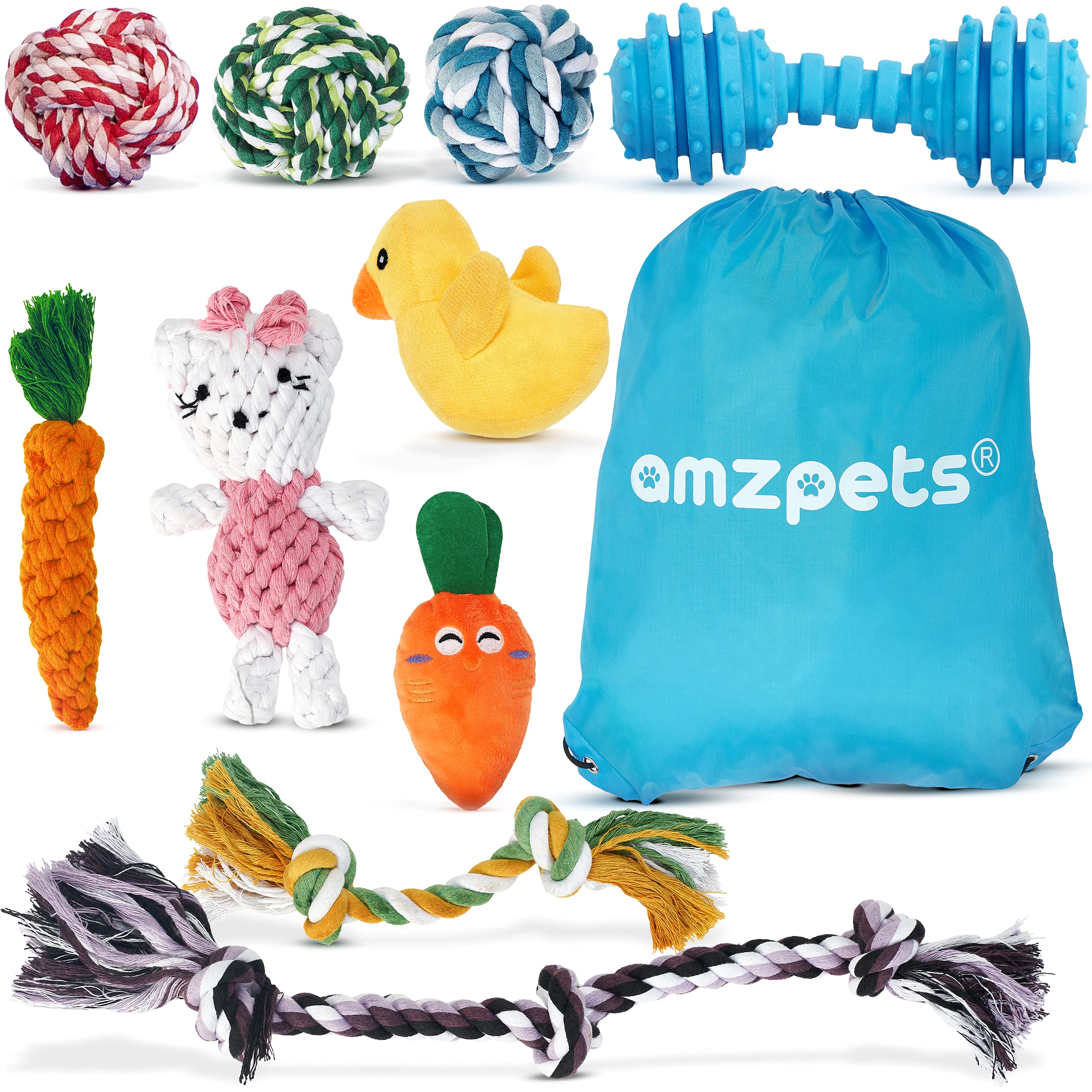 Amzpets 10 Dog Toys For Small Dogs And Puppies, Squeaky Dog Toys Rope Toys For Plush Games, With Chewing Ropes/Balls/Rubber Bone