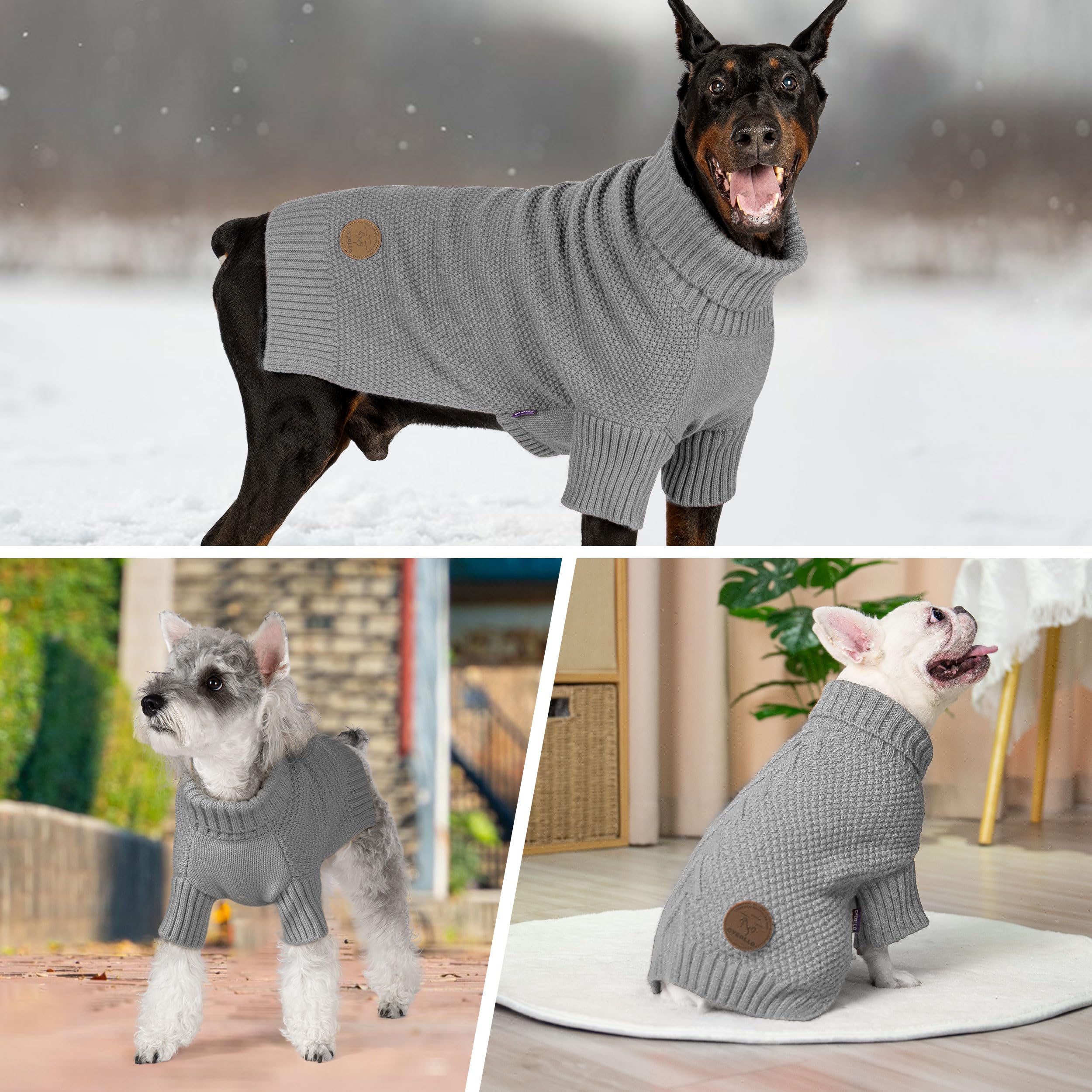 cyeollo Dog Sweater Knitwear Pullover Sweaters with Leash Hole Turtleneck Fall Winter Dog Clothes Sweaters for Large Dogs, Grey