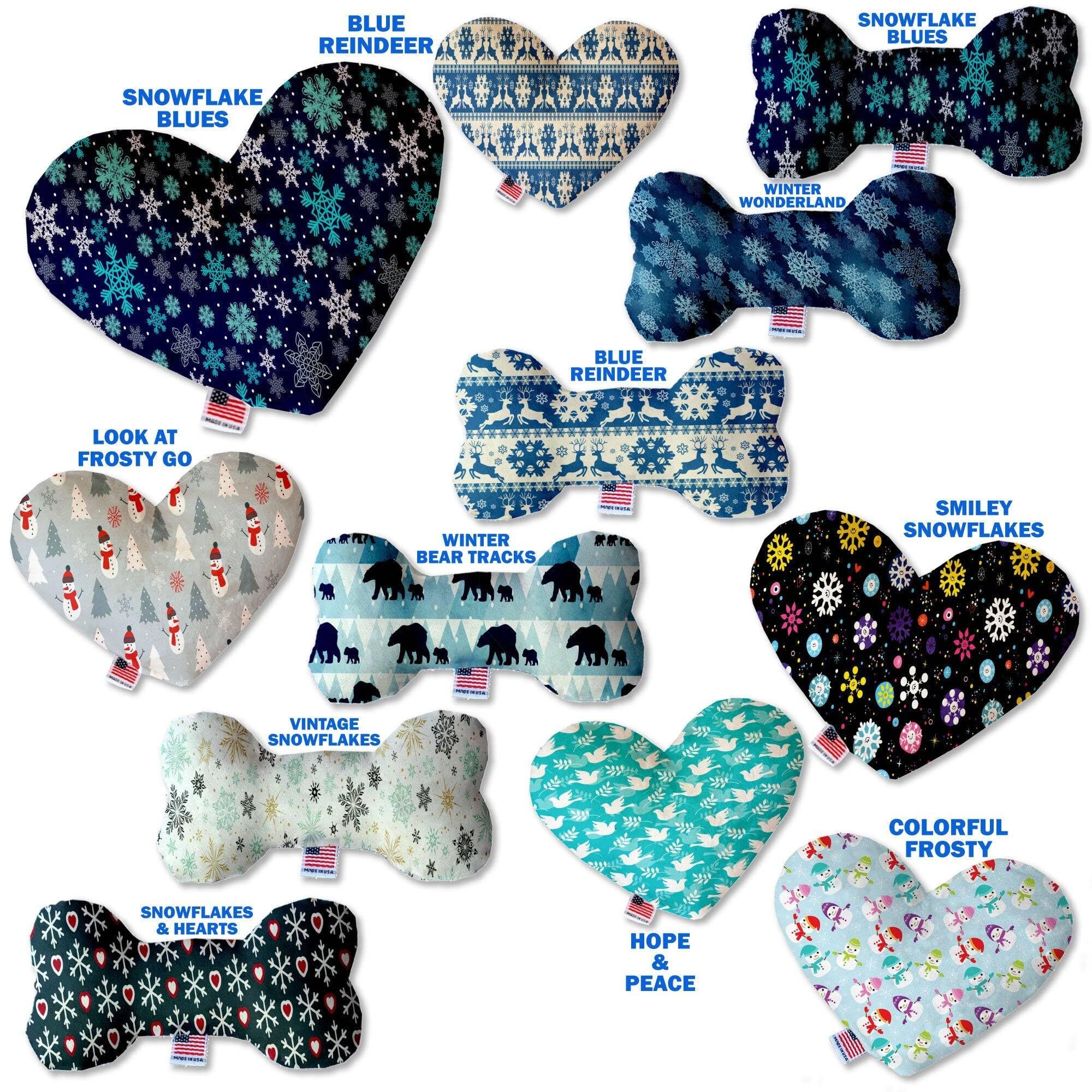 Pet and Dog Plush Heart or Bone Toy, &quot;Winter Wonderland Group&quot; (Available in different sizes, and 10 different patterns!) Smiley Snowflakes 6&quot; Plush Heart