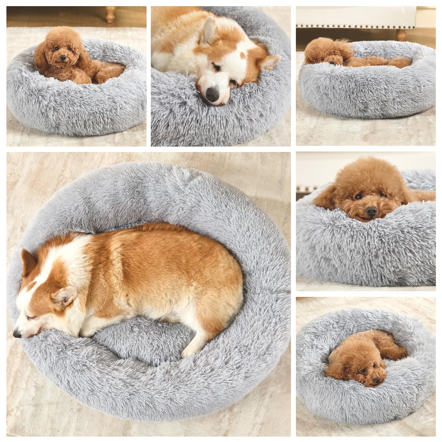 Dog Bed Calming Beds For Small Medium Dogs - Round Donut Washable Dog Bed, Anti-Slip Faux Fur Fluffy Donut Cuddler Anxiety Cat B