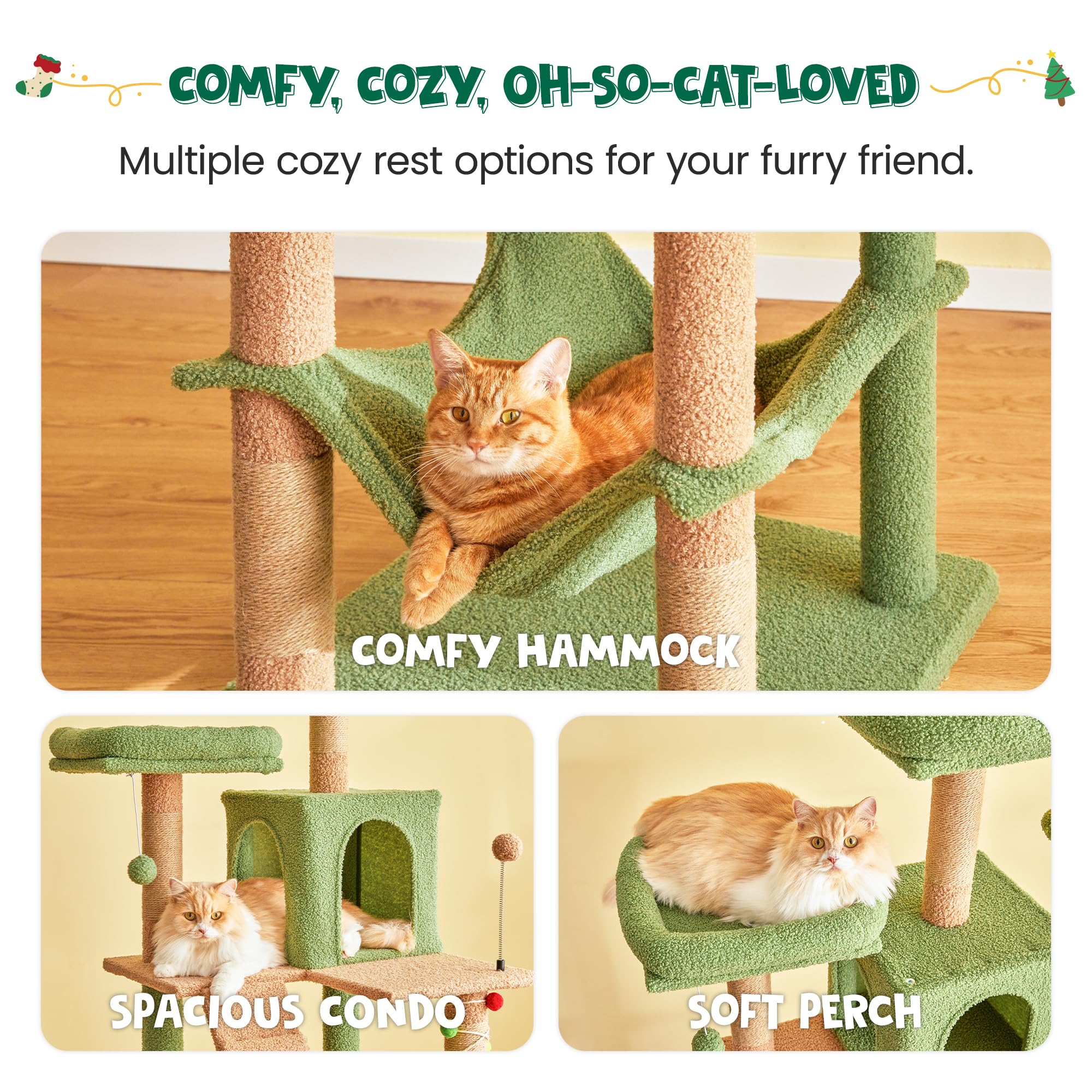 Mwpo 70.1-Inch Green Large Cat Tree, Multi-Level Tall Cat Tower For Indoor Cats, Plush Cat Condo With Big Padded Perches, Sisal-