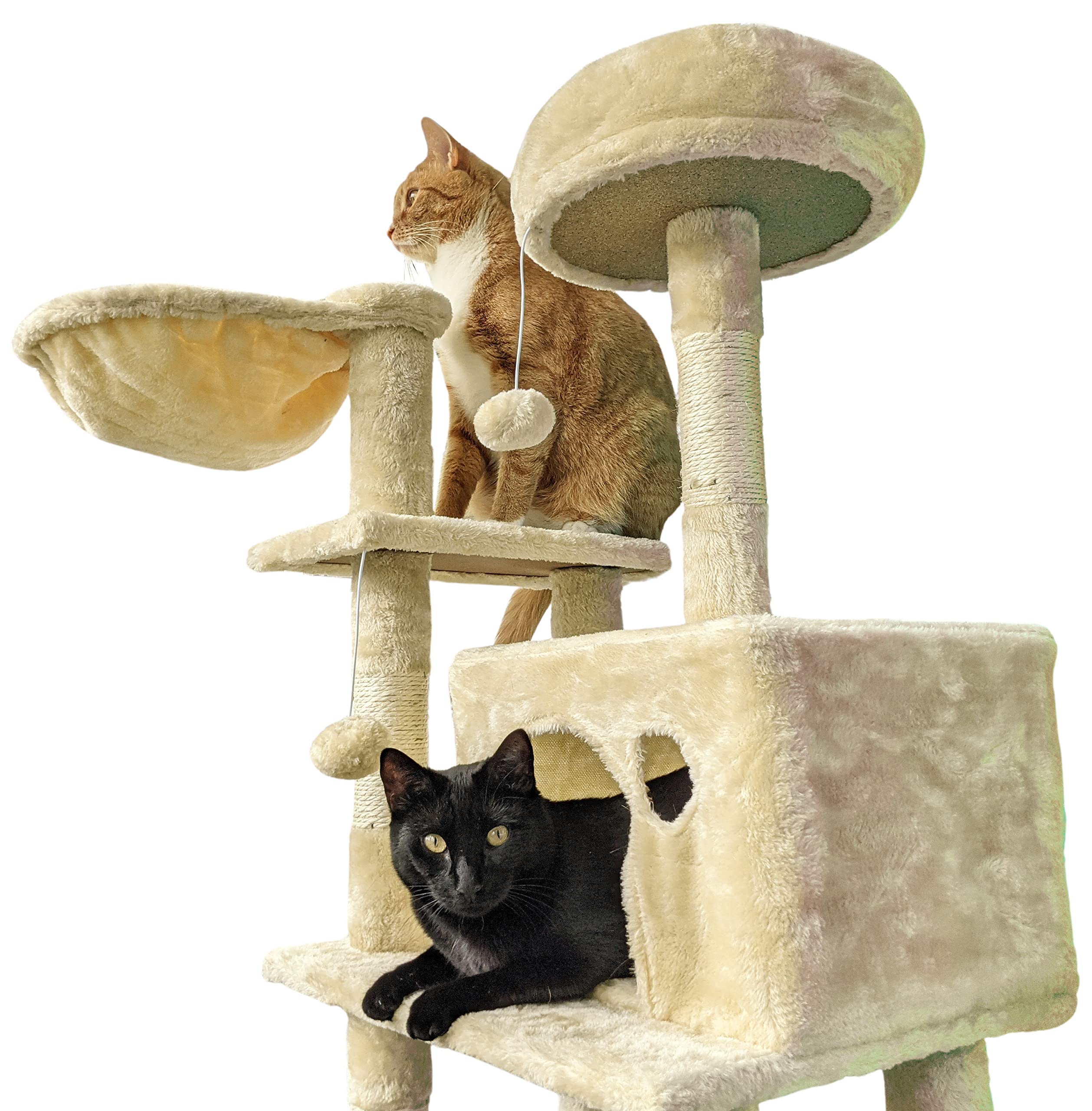 Beige Cat Tree Tower For Indoor Cats & Kittens, 57' Tall Multi-Level With Comfy Perch & Basket, Hideaway Condo, Sisel Scratcher Posts & Ladder, Ball Toys, & Dangling Rope - By Sciencepurchase