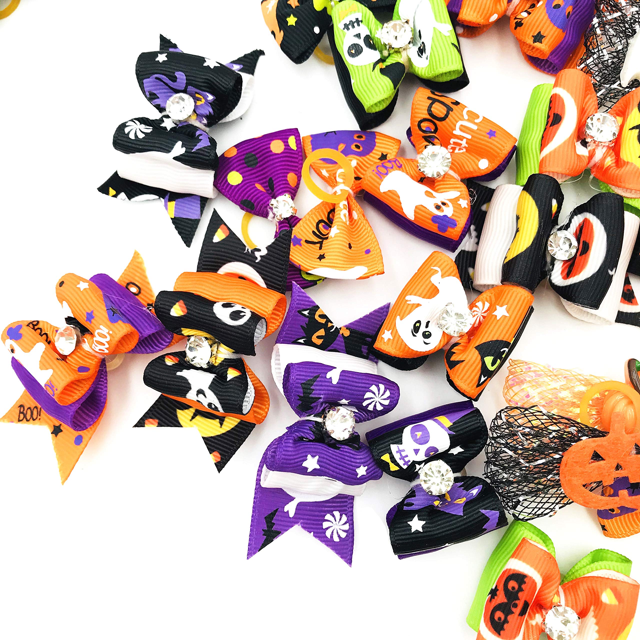 Jpgdn 50Pcs Halloween Small Dogs Hair Bows Puppy Hair Bow Ties With Pumpkin Skull Bat Ghost Rhinestone For Doggie Cat Kitten Rabbit Medium Pet Hair Flowers Bowknot Grooming Accessories Attachment