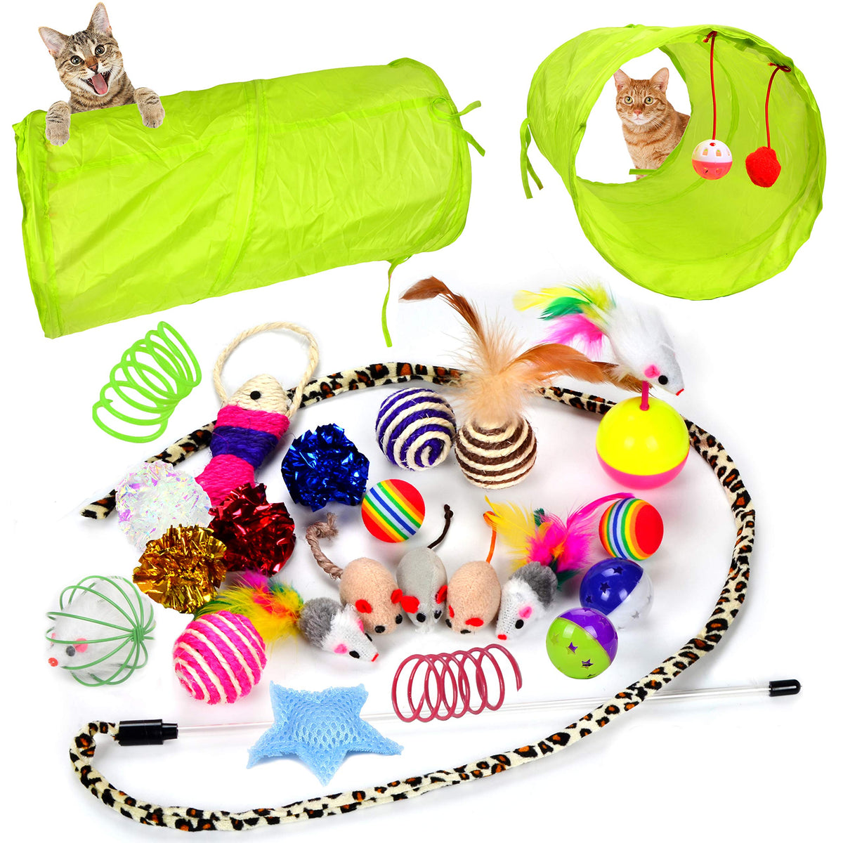 Youngever 24 Cat Toys Kitten Toys Assortments, 2 Way Tunnel, Cat Feather Teaser - Wand Interactive Feather Toy Fluffy Mouse, Crinkle Balls For Cat, Puppy, Kitty, Kitten