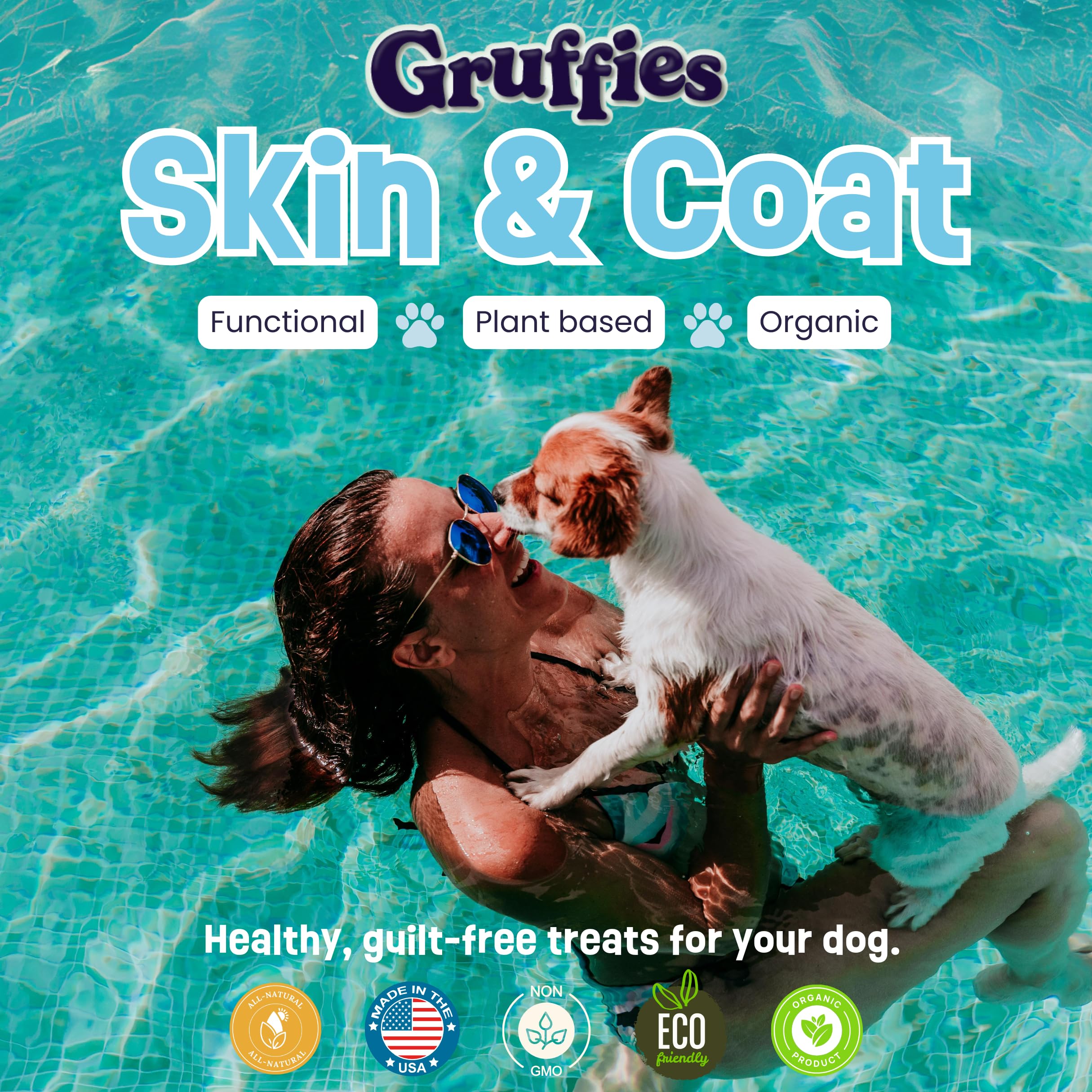 Gruffies Skin & Coat Chews for Dogs, Peanut Butter Flavor 24 Chews (Pack of 1) | Organic Dog Supplements for All Life Stages | D