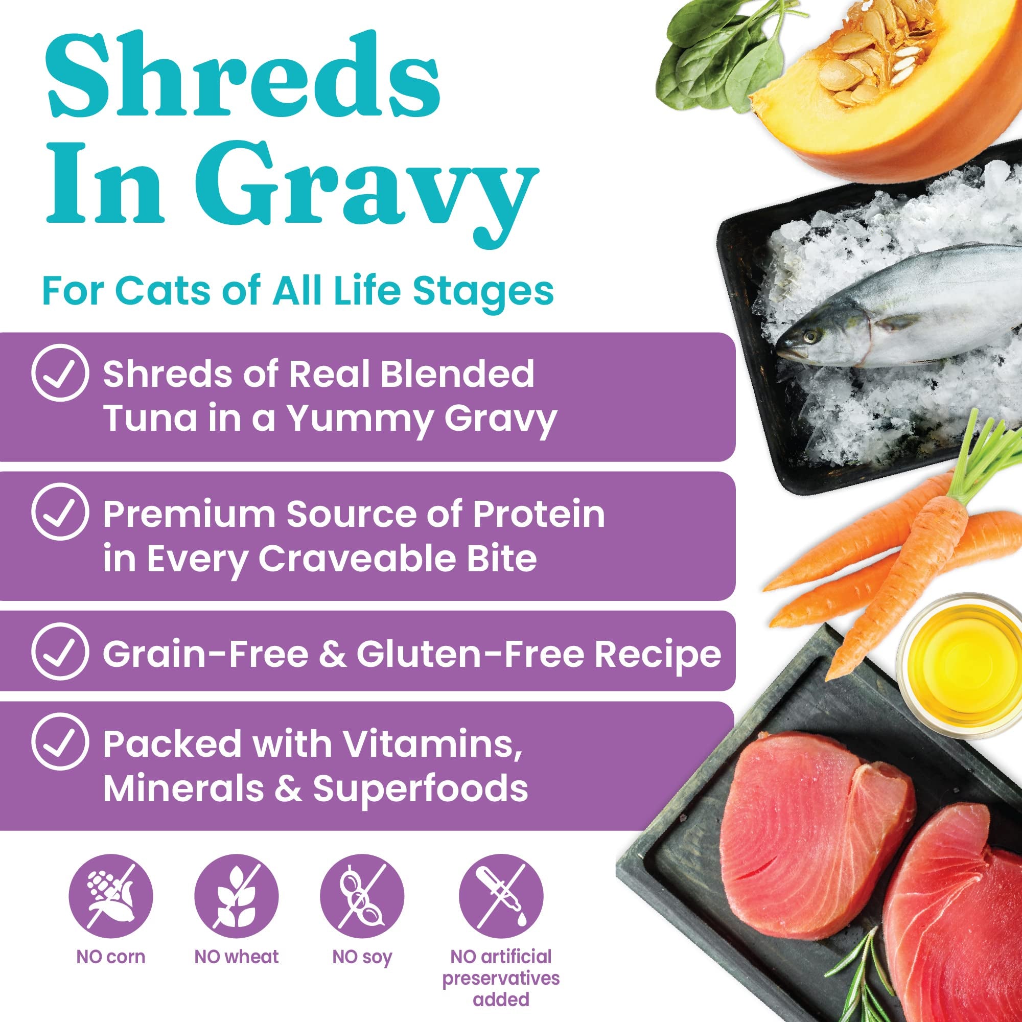 Solid Gold Wet Cat Food Shreds in Gravy - Canned Cat Food Made w/Real Tuna - Five Oceans Grain Free - 16ct/3oz Can