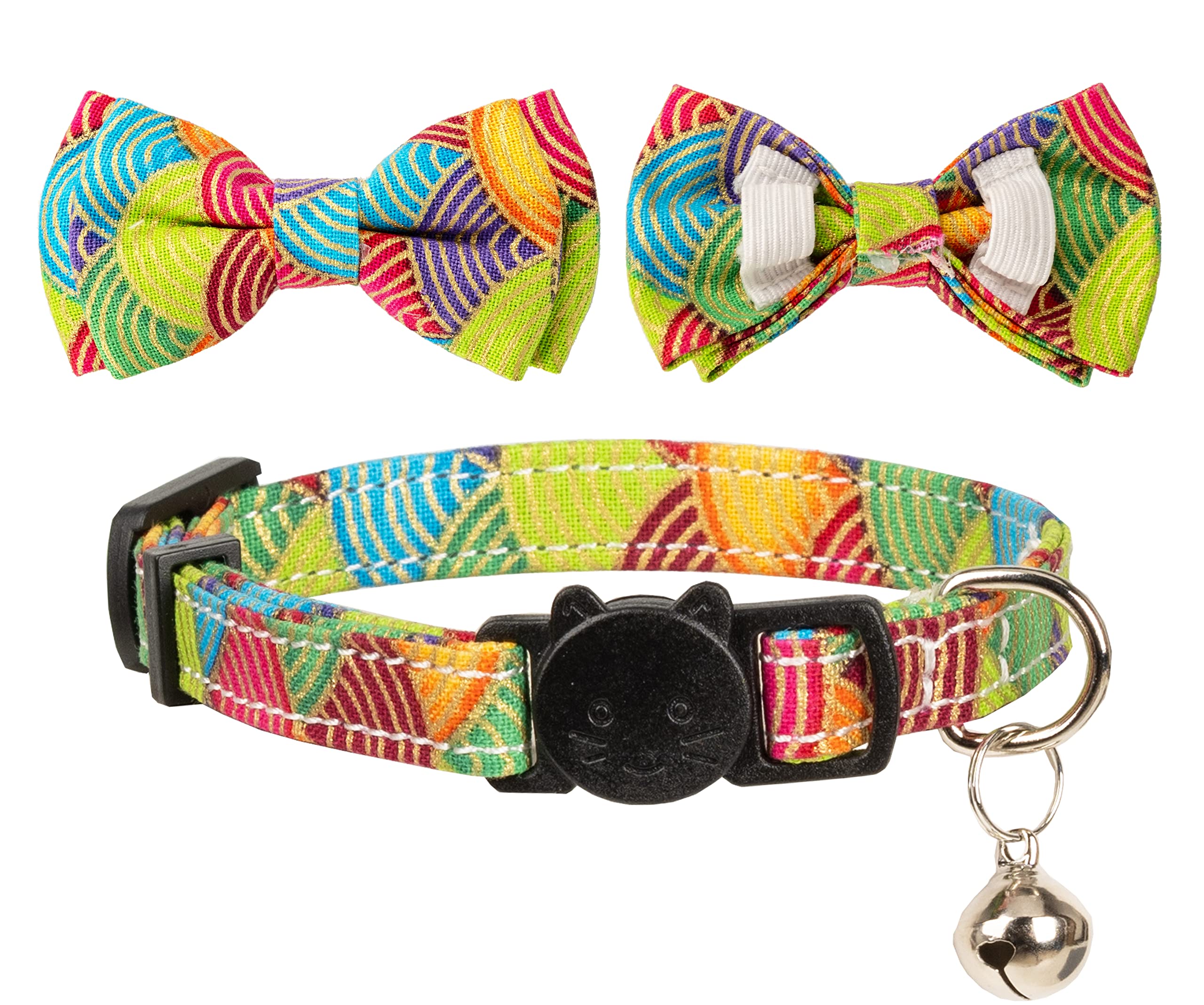 Gyapet Collar For Cat Pet Breakaway With Bell Bowtie Detachable Bow Adjustable Safety Kitten Puppy Girl Boy 2Pcs Kimono-Green &