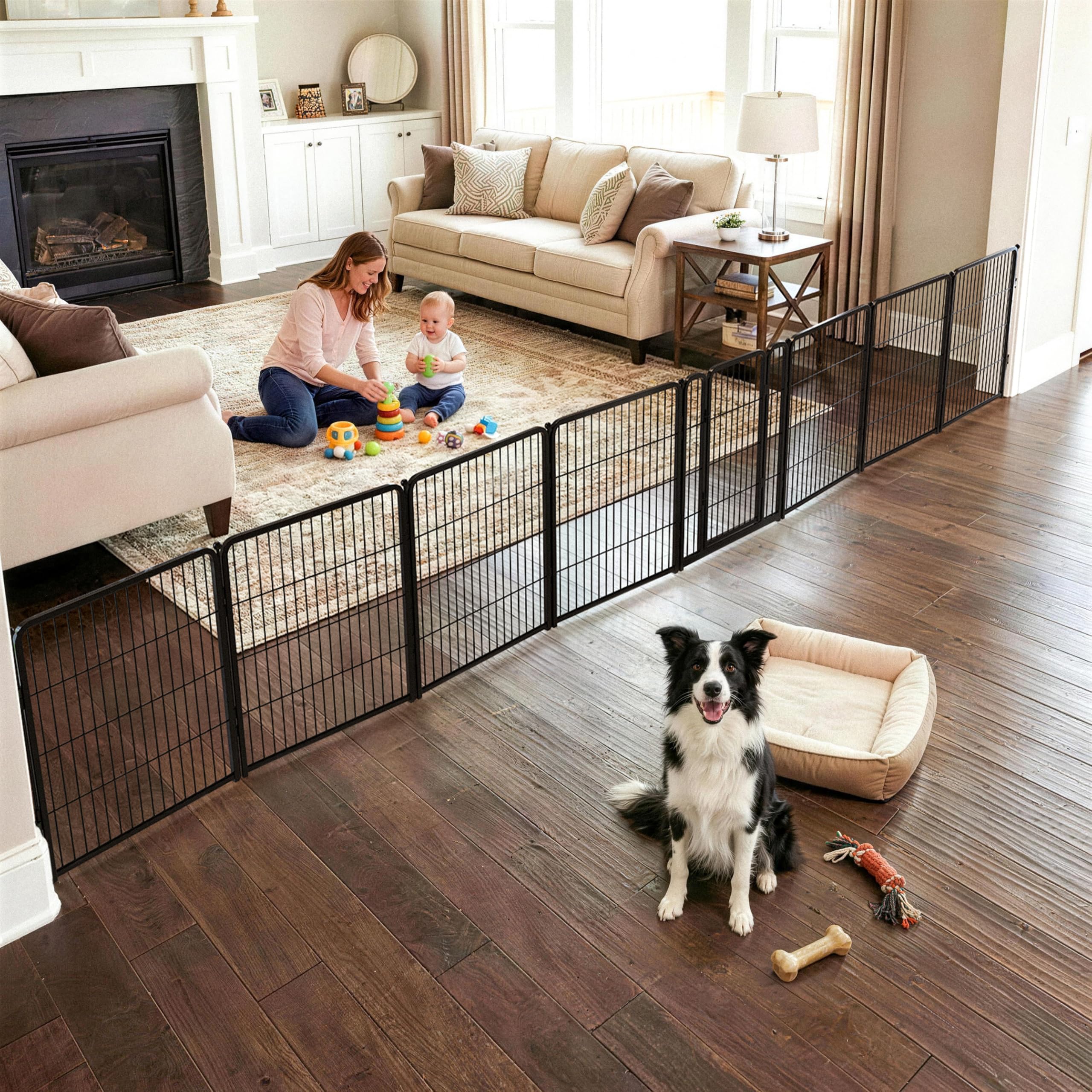 FXW Dog Gate Extra Wide Designed for Indoor Use, Adjustable Width Up to 219-inch Wide (45 H 8 Wire Panels for Large Dogs), Black